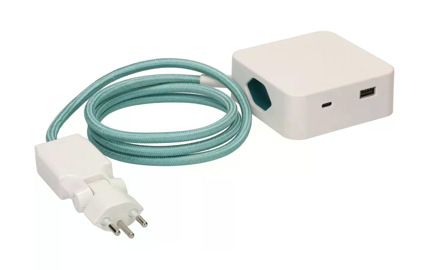 maxTEX Cube Steckdosenleiste – 3× T13, USB‑A/C, 2 m, ohne Schalter, weiss/türkis
