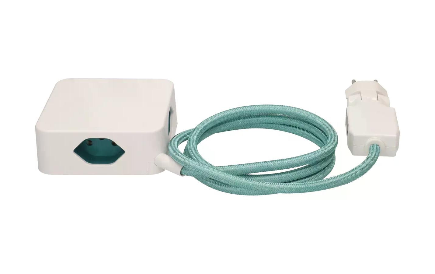 maxTEX Cube Steckdosenleiste – 3× T13, USB‑A/C, 2 m, ohne Schalter, weiss/türkis
