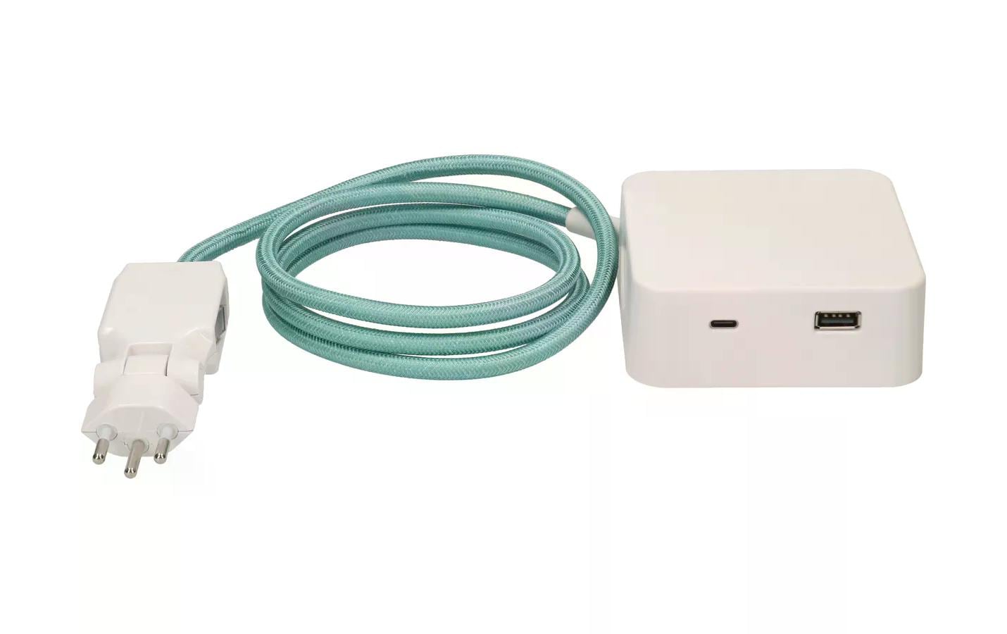 maxTEX Cube Steckdosenleiste – 3× T13, USB‑A/C, 2 m, ohne Schalter, weiss/türkis
