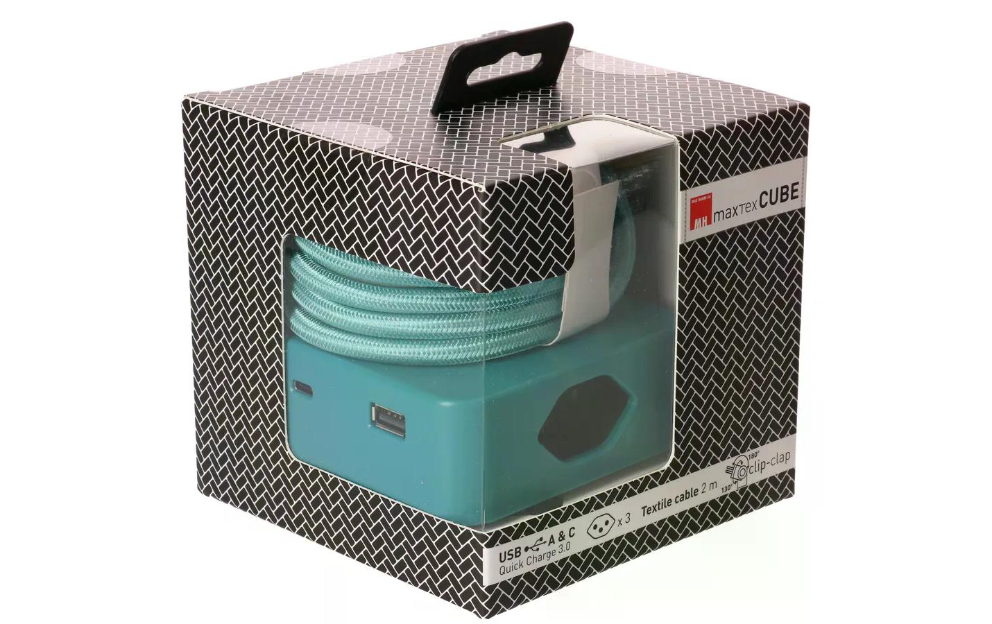 maxTEX Cube Steckdosenleiste – 3× T13, USB‑A/C, 2 m, ohne Schalter, IP20, schwarz/türkis