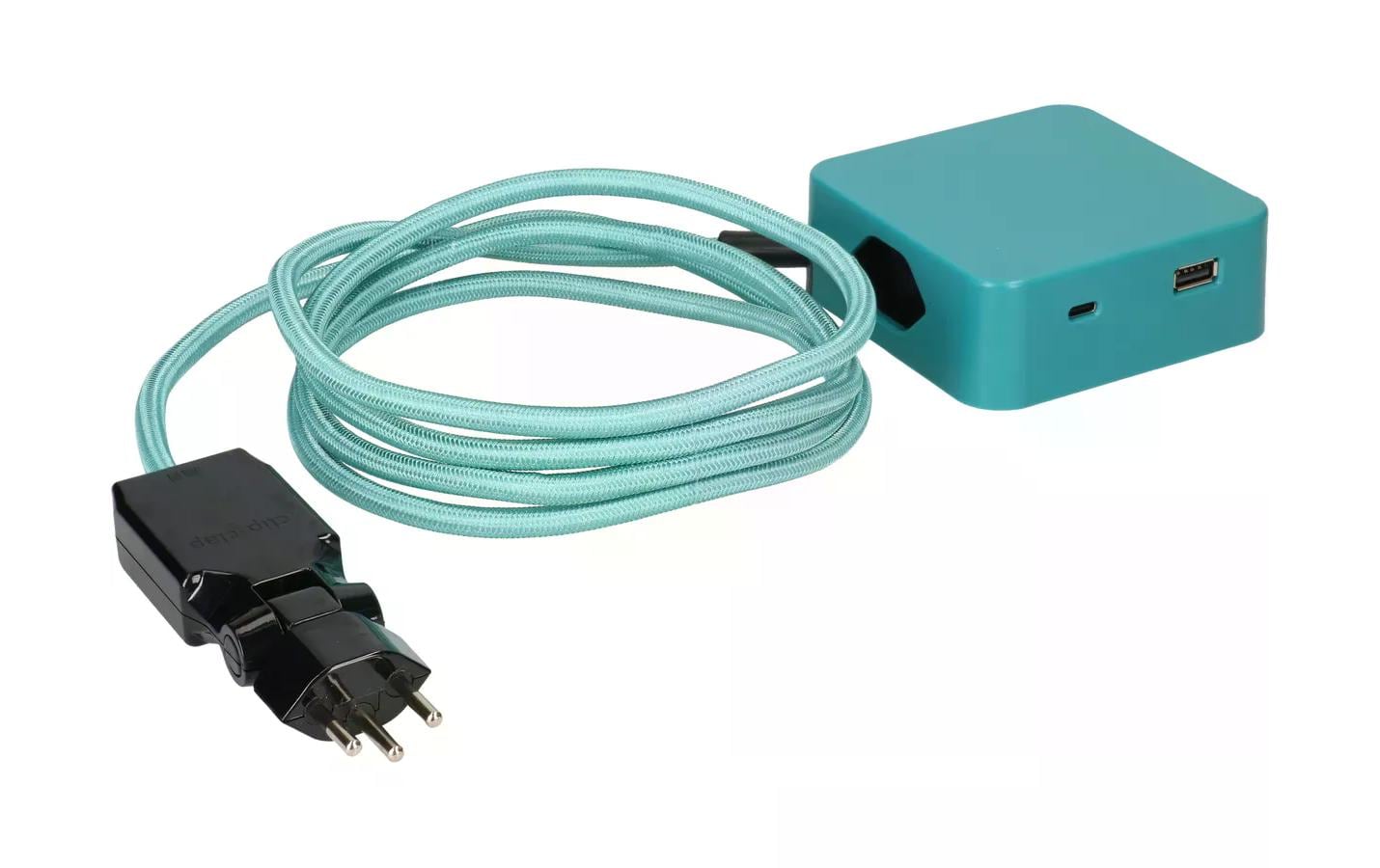 maxTEX Cube Steckdosenleiste – 3× T13, USB‑A/C, 2 m, ohne Schalter, IP20, schwarz/türkis
