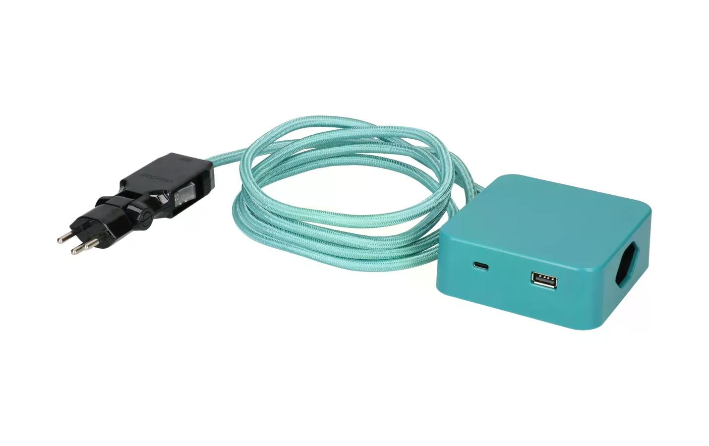 maxTEX Cube Steckdosenleiste – 3× T13, USB‑A/C, 2 m, ohne Schalter, IP20, schwarz/türkis