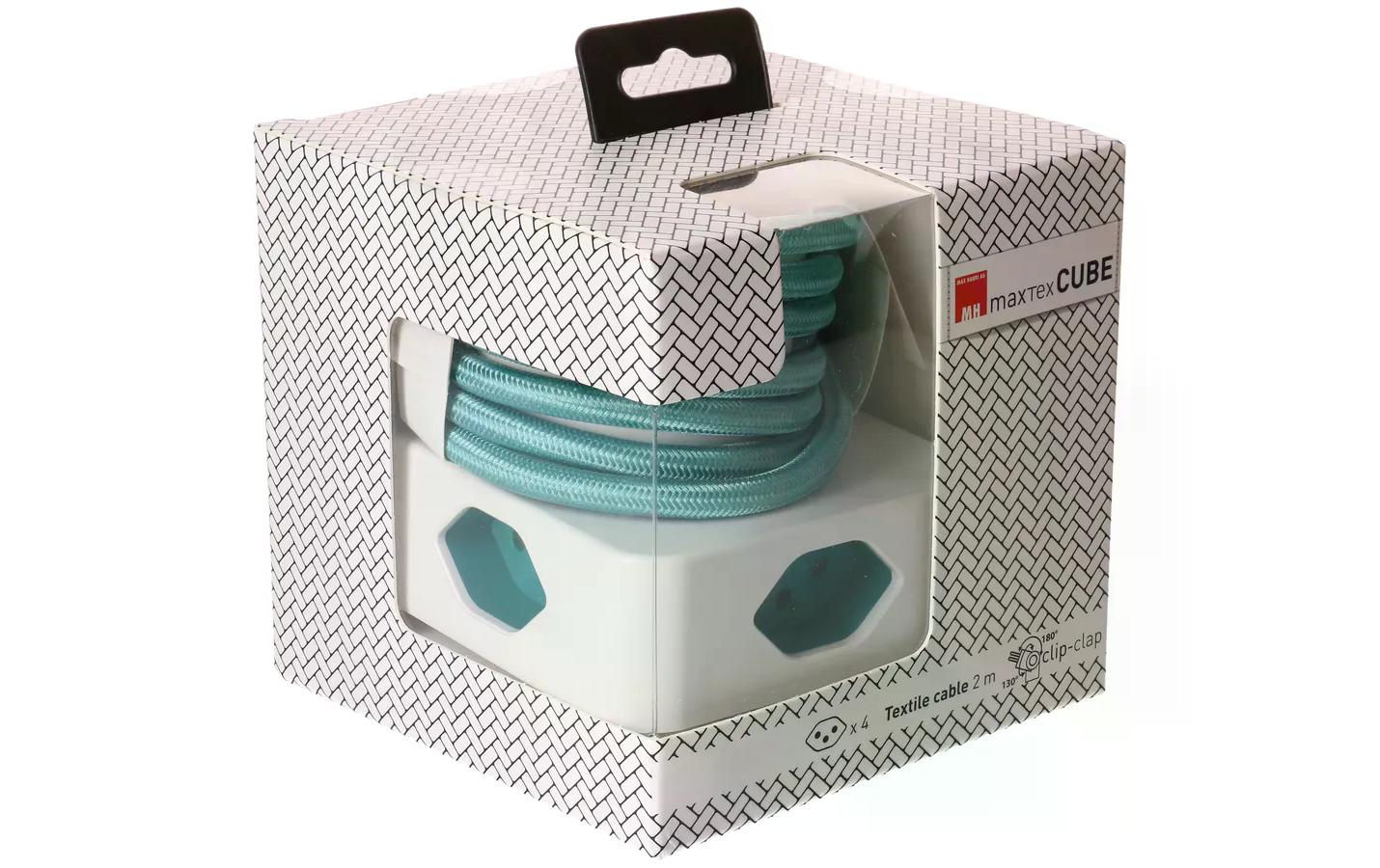 maxTEX Cube Steckdosenleiste – 4× T13, 2 m, ohne Schalter, IP20, weiss/türkis
