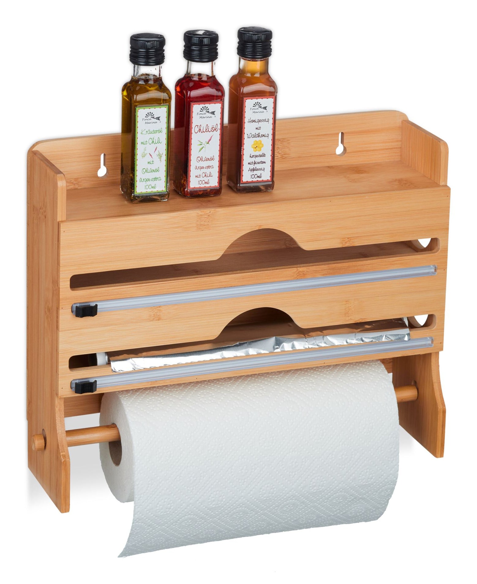 Relaxdays Küchenrollenhalter Bambus/Edelstahl, 39,5 × 11 × 31 cm, wandmontiert