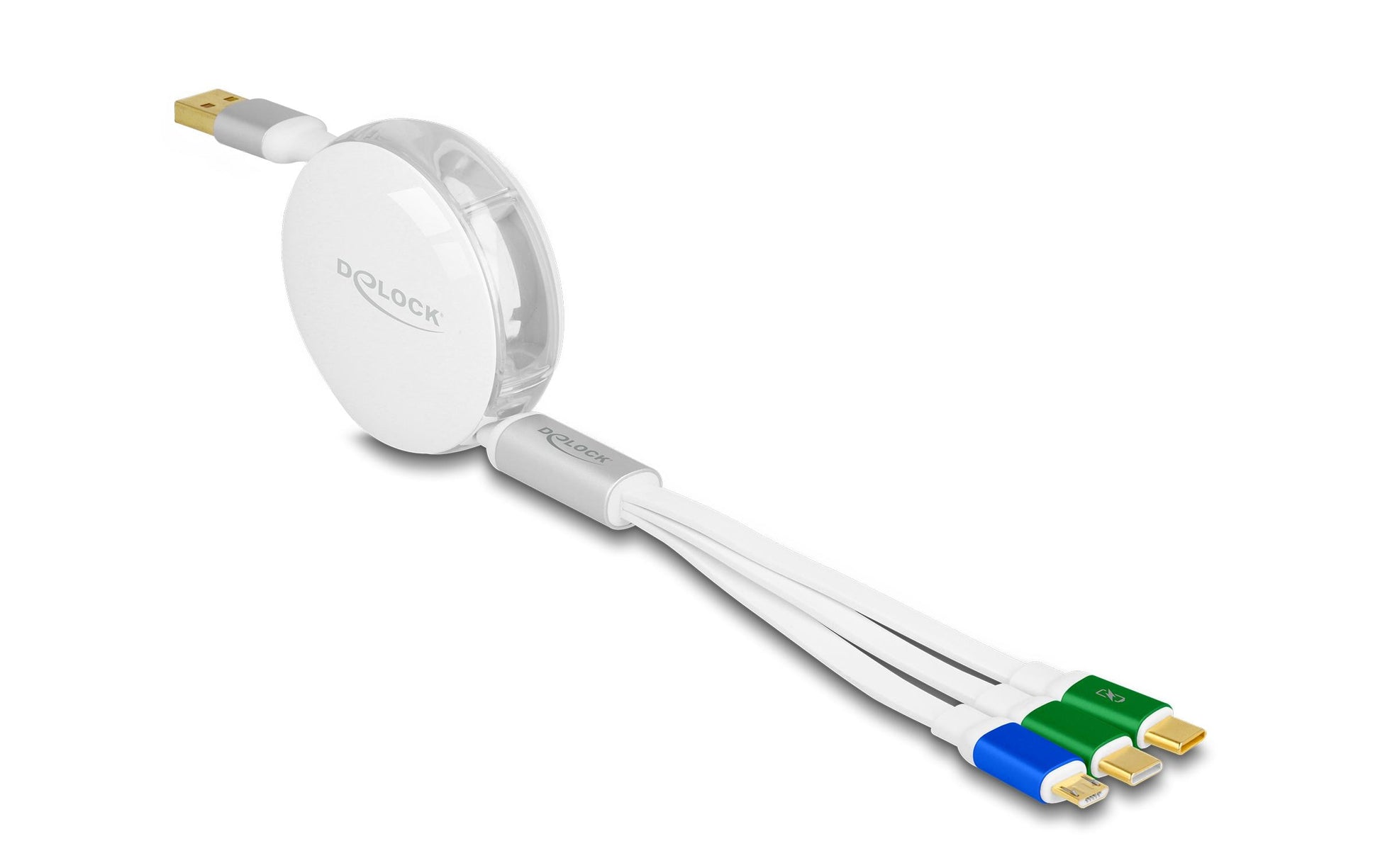 DeLOCK Multi-Kabel – 3-in-1 USB-A auf USB-C/Micro-USB 1,13 m, aufrollbar, weiss