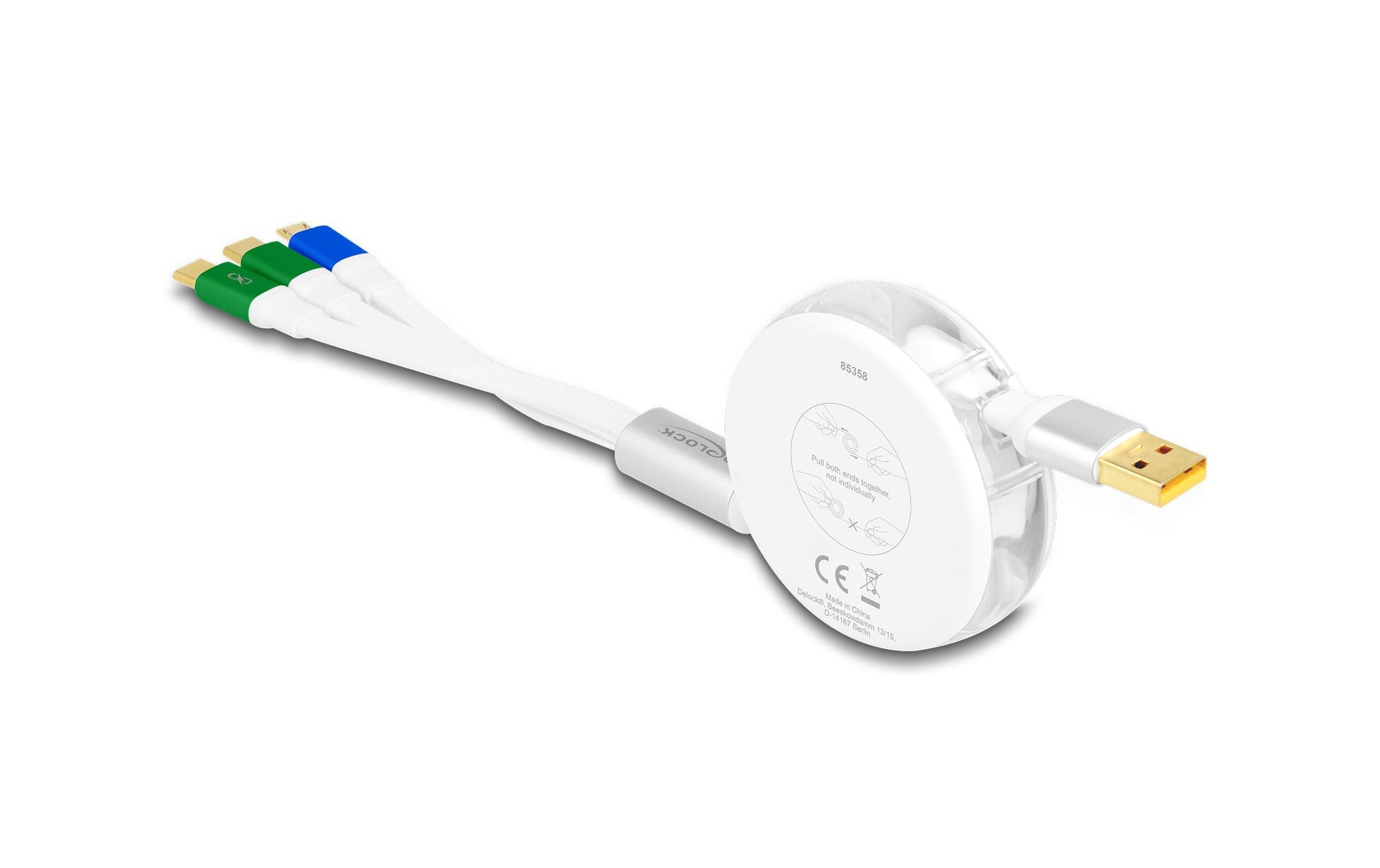 DeLOCK Multi-Kabel – 3-in-1 USB-A auf USB-C/Micro-USB 1,13 m, aufrollbar, weiss