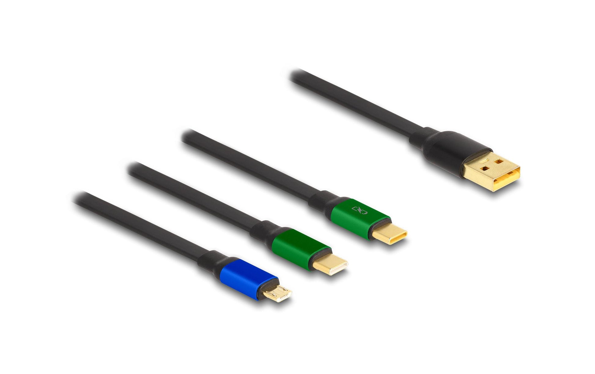 DeLOCK USB-Kabel – USB-A auf Micro-USB-B, 2× USB-C – USB 2.0 (480 Mbit/s) – 1,13 m – Schwarz