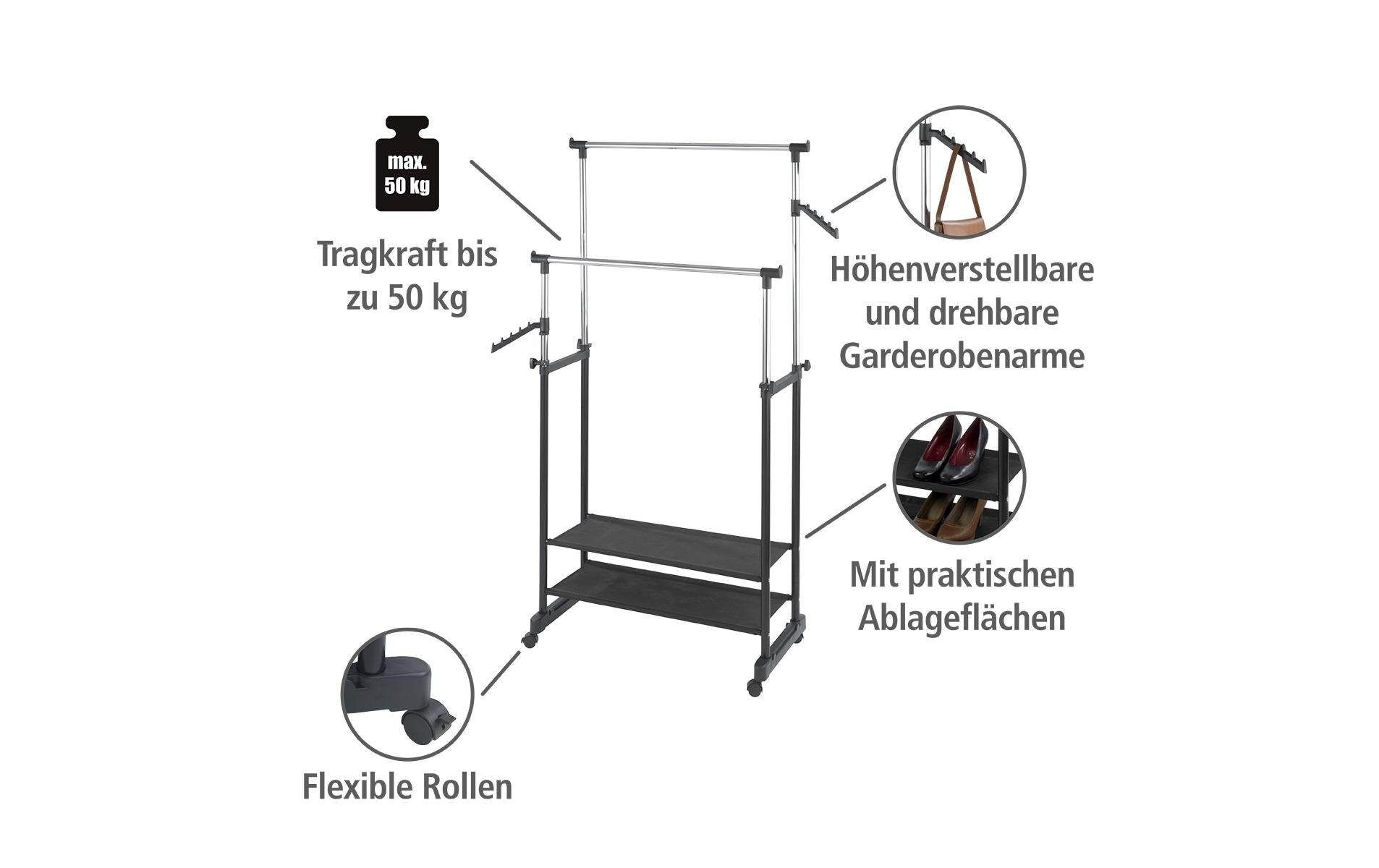 WENKO All In Garderobenständer (mit Schirmhalter) – Metall – Schwarz/Silber – 1'170 mm