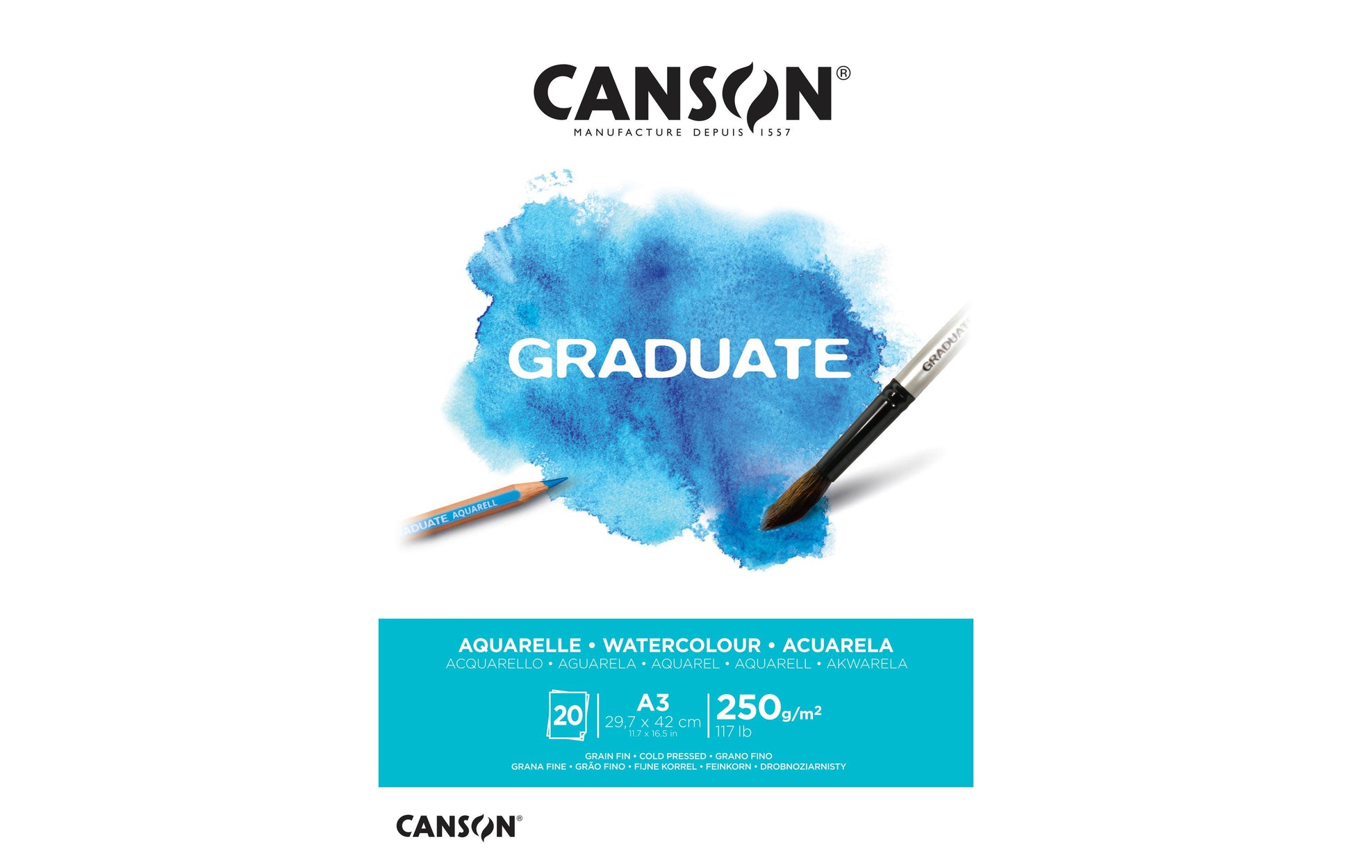 Canson Graduate Aquarellblock – A3 – 250 g/m² – kurzseitig geleimt – 20 Blatt, weiss, für Aquarell