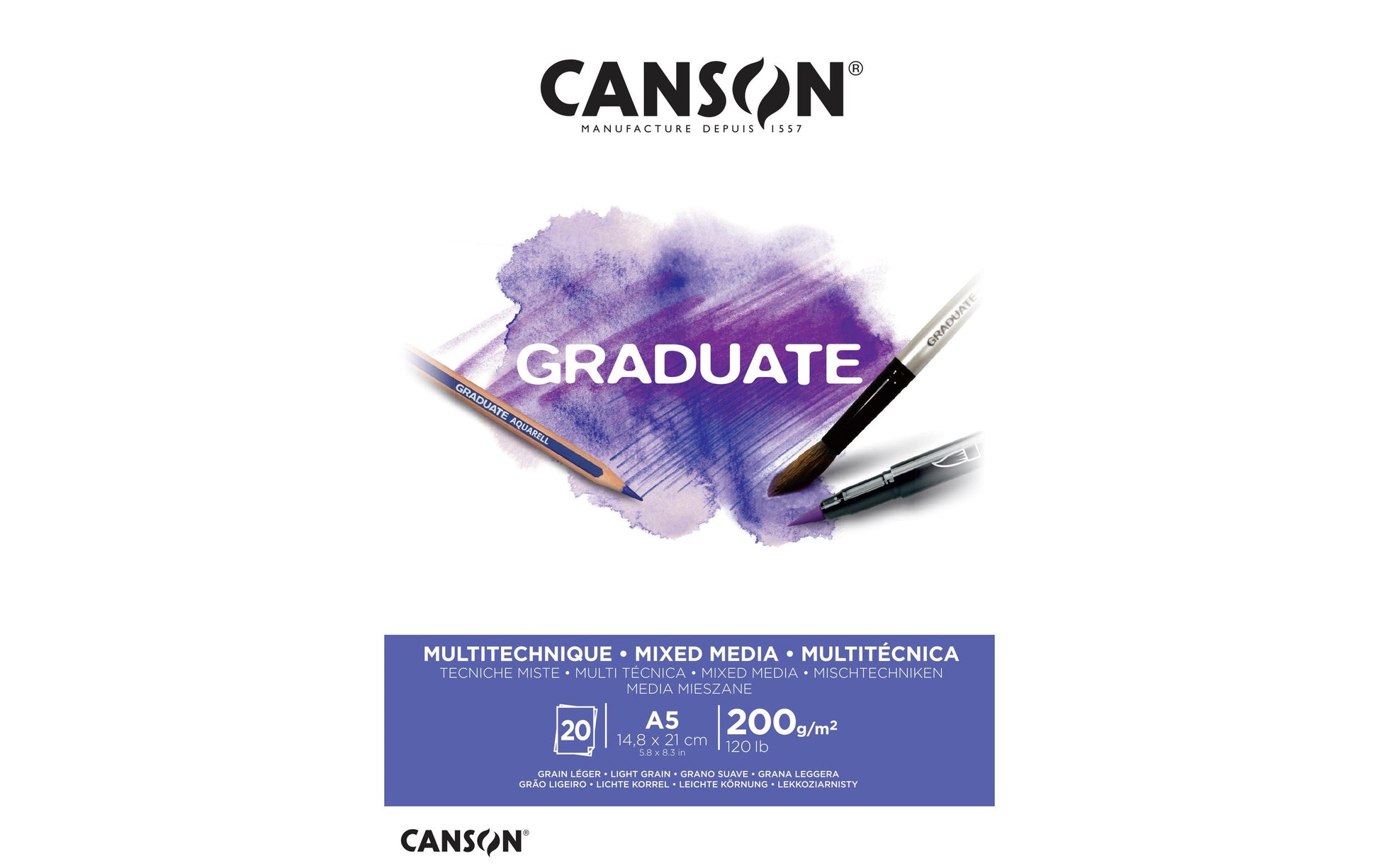 Canson Graduate Mixed Media Block – A5 – 200 g/m² – kurzseitig geleimt – 20 Blatt, weiss, strukturiert