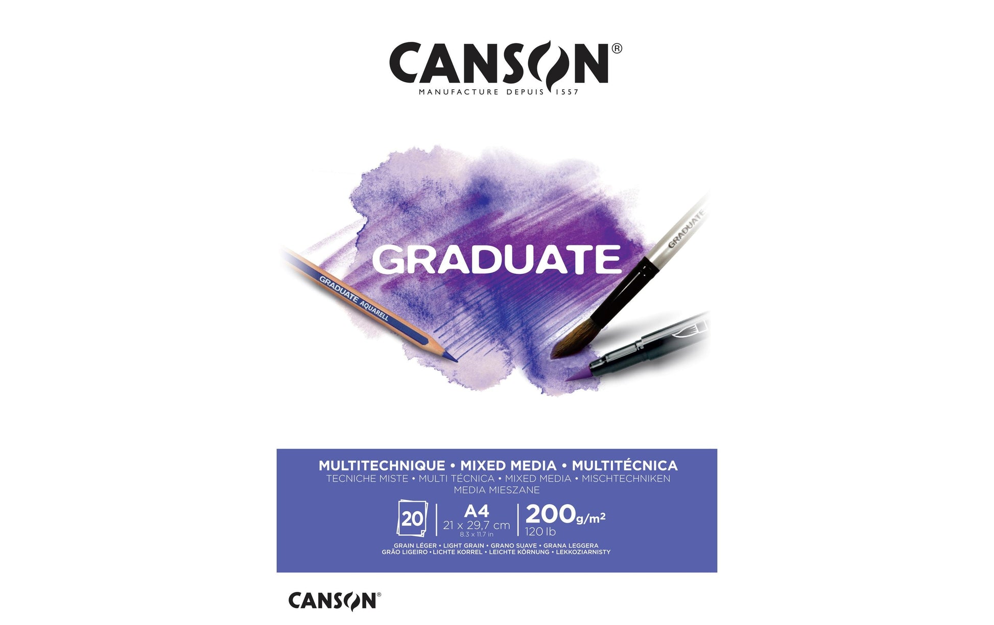 Canson Graduate Mixed Media Block – A4 – 200 g/m² – 20 Blatt – Weiss – für Aquarell, Marker & Graphit