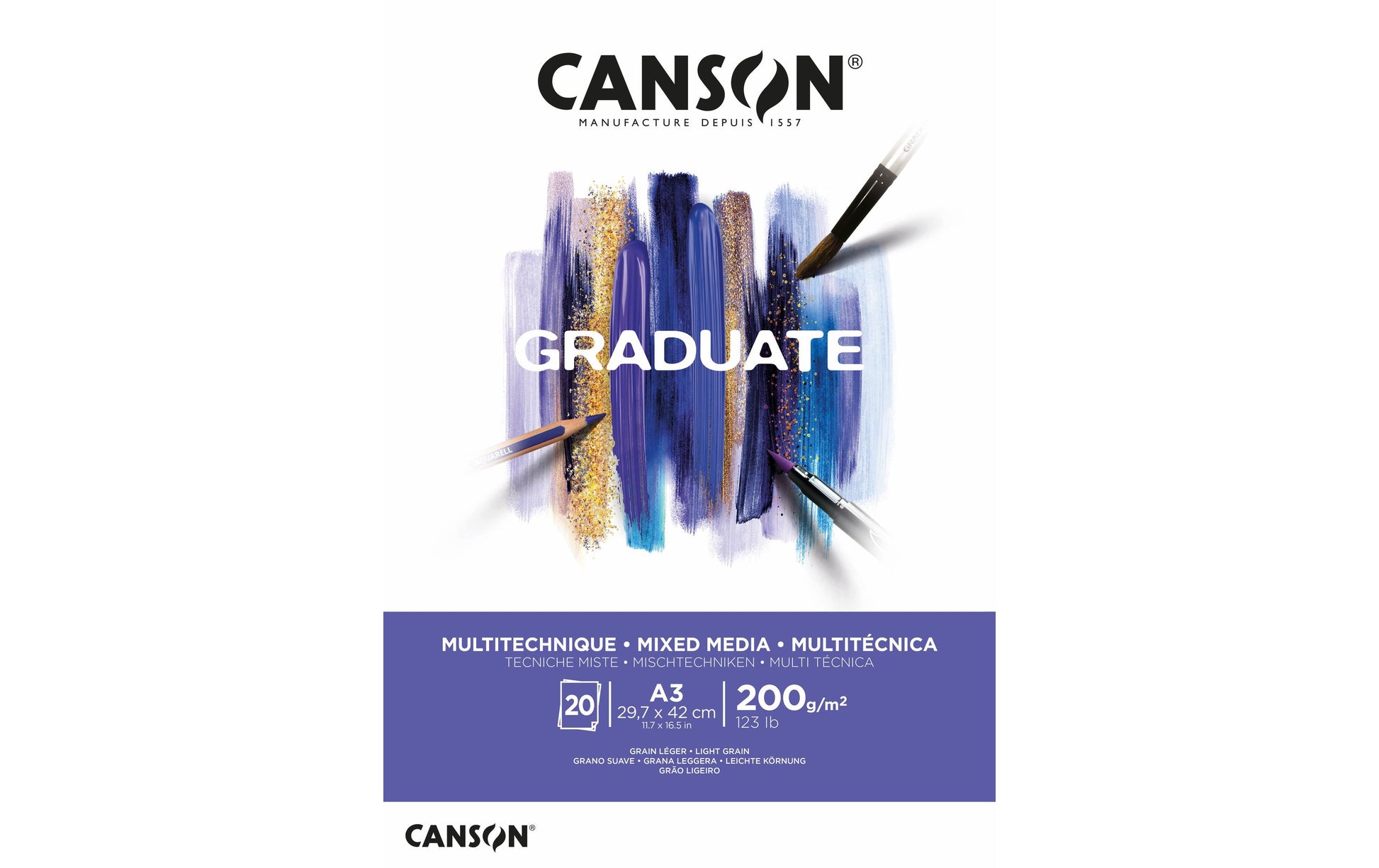 Canson Graduate Mixed Media Block – A3 – 200 g/m² – kurzseitig geleimt – 20 Blatt, weiss, strukturiert
