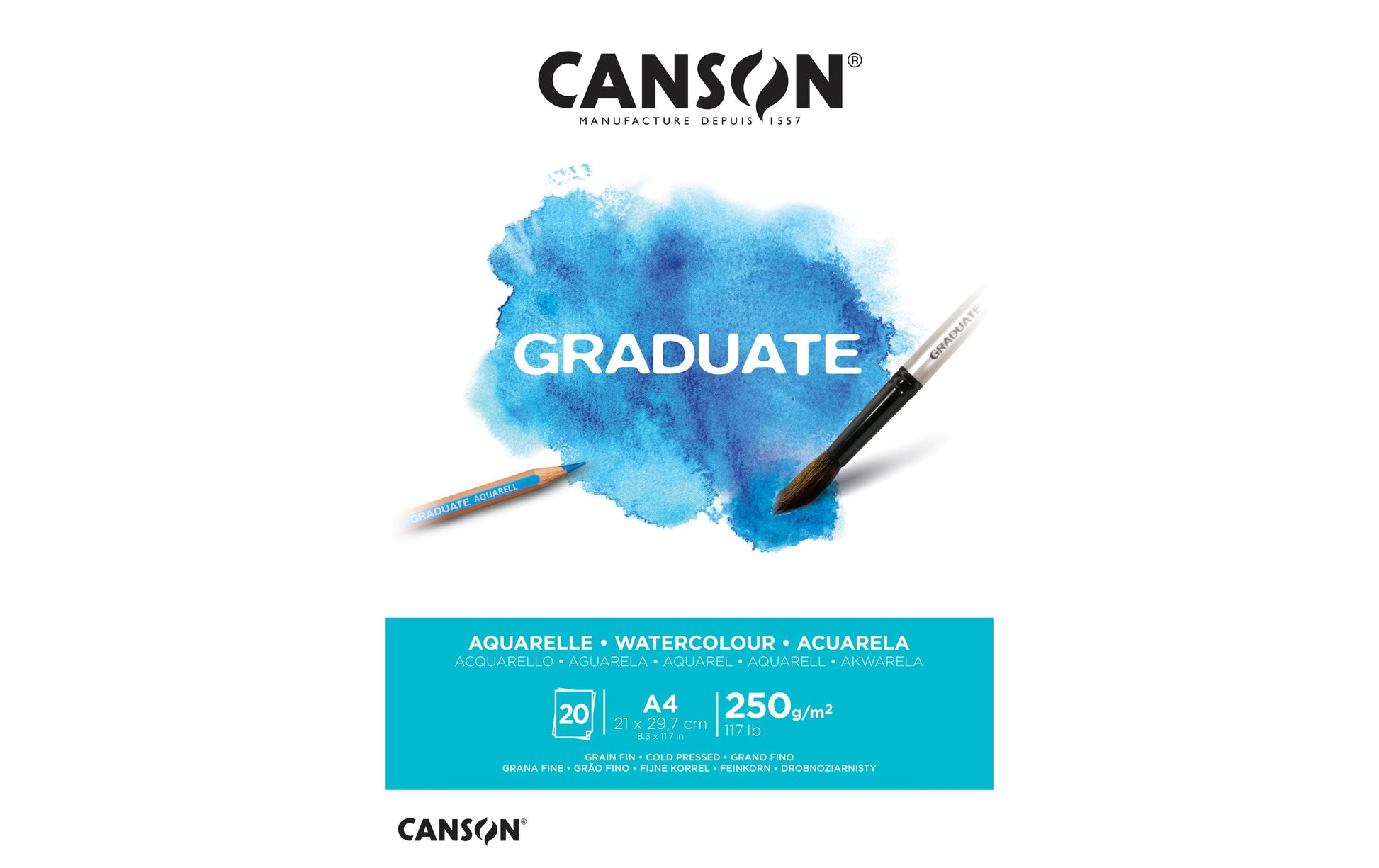 Canson Graduate Aquarellblock – A4 – 250 g/m² – kurzseitig geleimt – 20 Blatt, weiss, für Aquarell