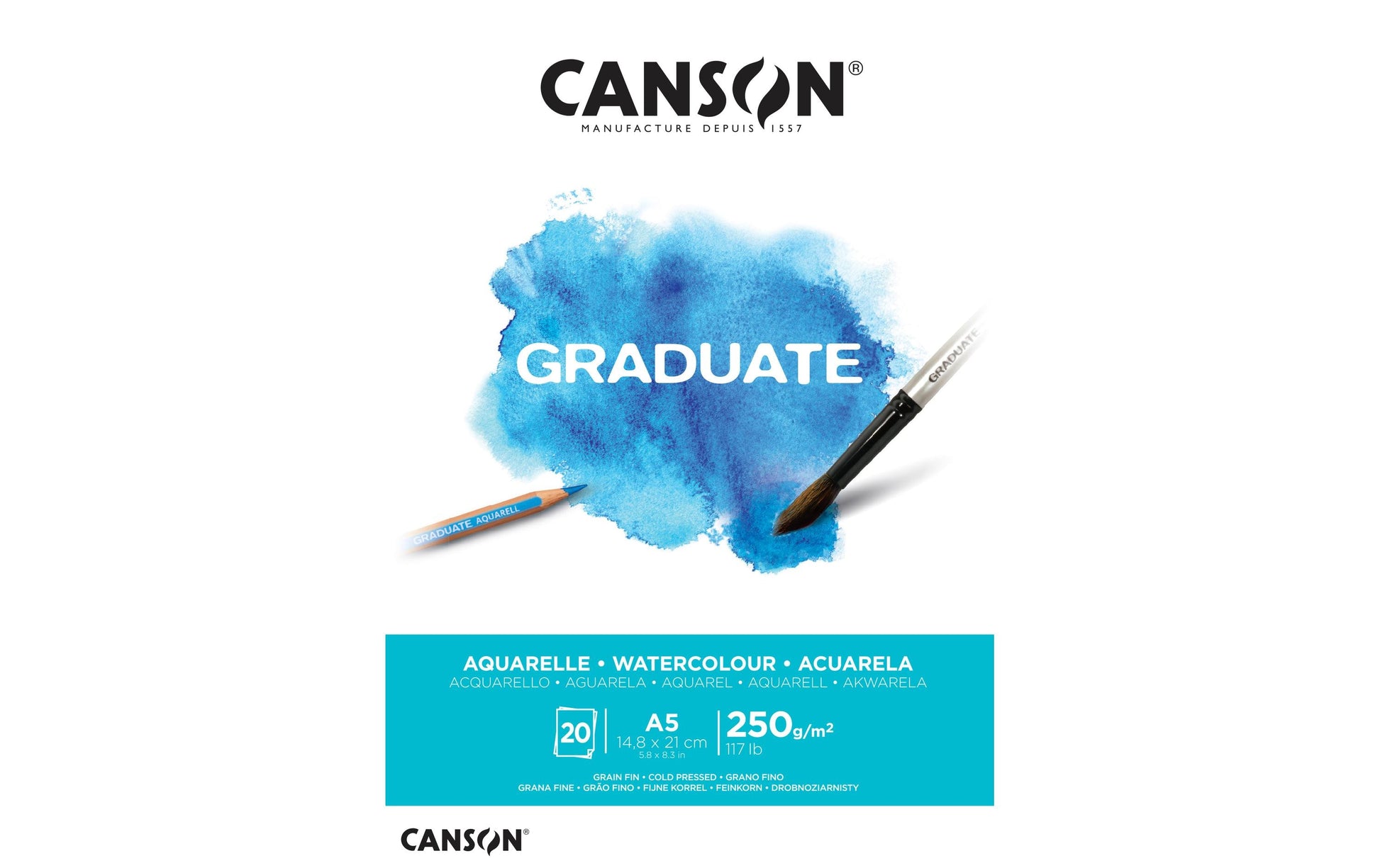 Canson Graduate Aquarelle Aquarellblock – A5 – 250 g/m² – geleimt – 20 Blatt, weiss, strukturiert
