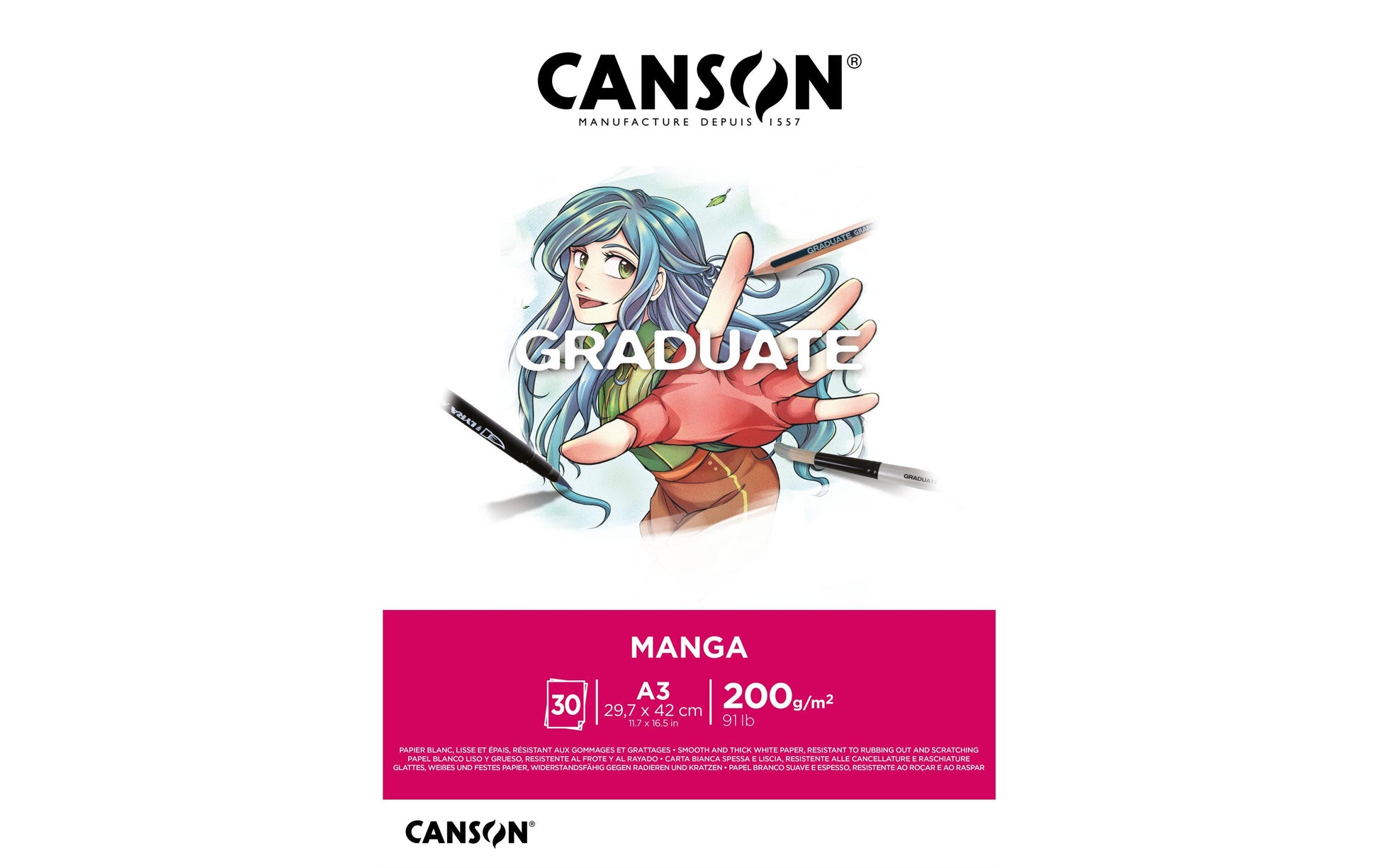 Canson Graduate Manga Skizzenblock – A3 – 200 g/m² – 30 Blatt, weiss, glatt
