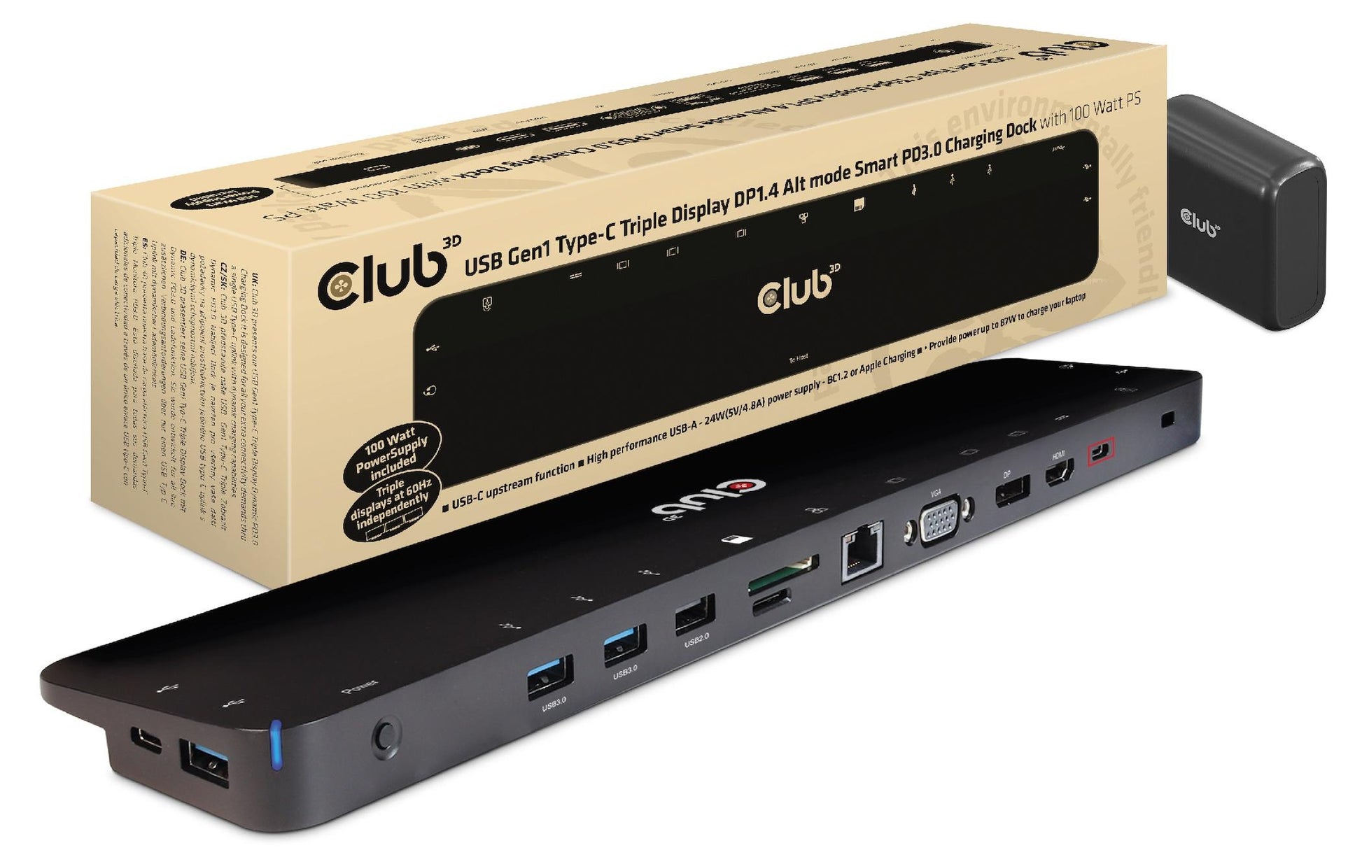 CLUB3D Club 3D Dockingstation – USB-C, 1× DP, 1× HDMI, 1× VGA, 8× USB-A, 100 W PD, GbE, für USB-C-Laptops