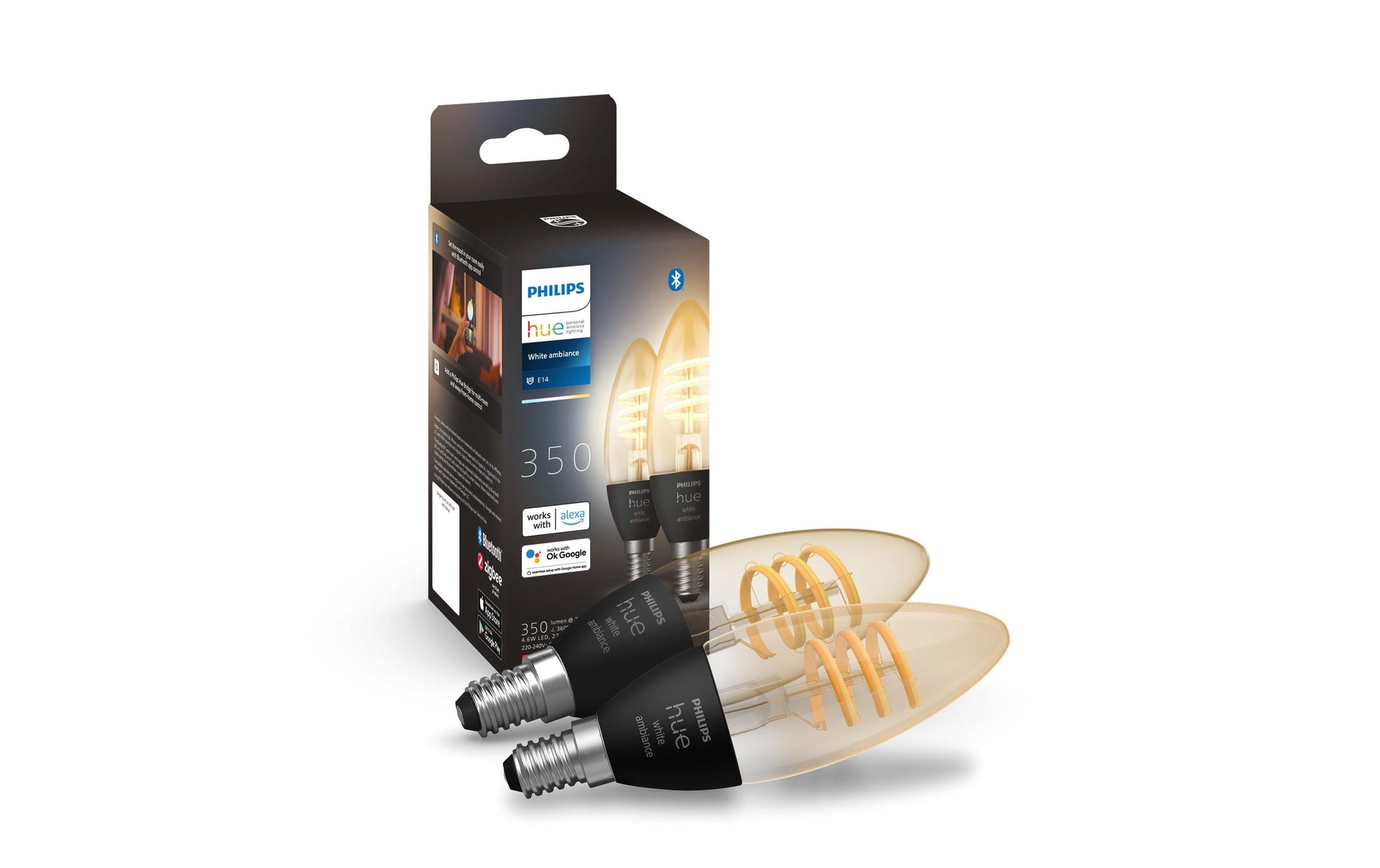 Philips Hue Smart-Leuchtmittel E14 Kerze – Warmweiss 2200–4500 K, 350 lm, 4,4 W, Bluetooth – 2 Stk.