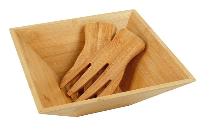 Relaxdays Salatschüssel – 28,0 × 28,0 × 10,0 cm, Bambus, Hellbraun, mit Salatbesteck
