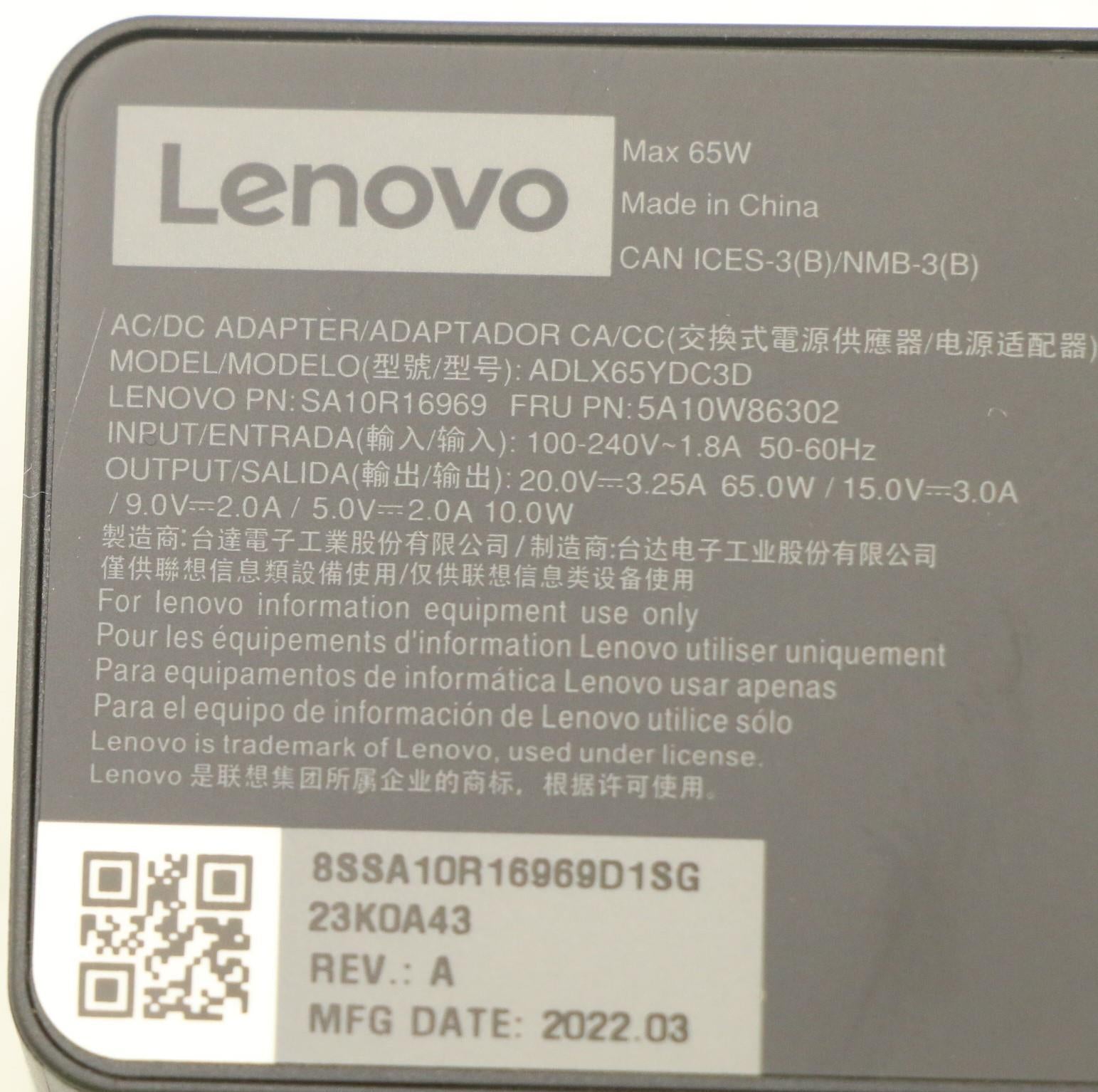Lenovo 5A10W86302 Laptop-Netzteil 65 W – 5–20 V, 3,25 A – für Laptop – Schwarz