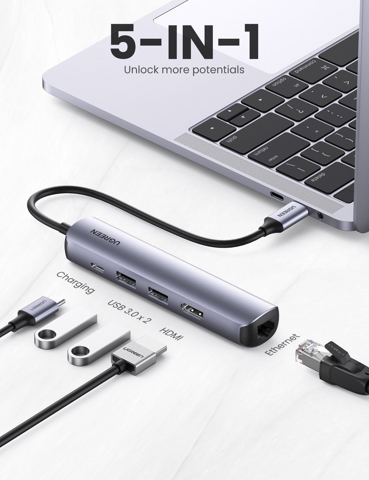 UGREEN 10919 USB-Hub – USB-C, 1× HDMI, 2× USB-A, 100 W PD, GbE, für Windows/Mac/Linux