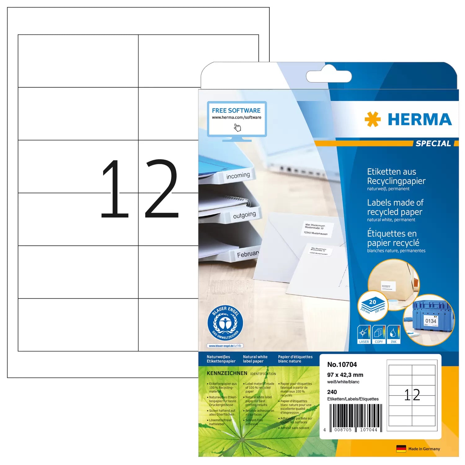 HERMA Bogenetiketten, 97 mm × 42 mm, naturweiss, Altpapier, permanent, 20 Blatt (240 Etiketten)
