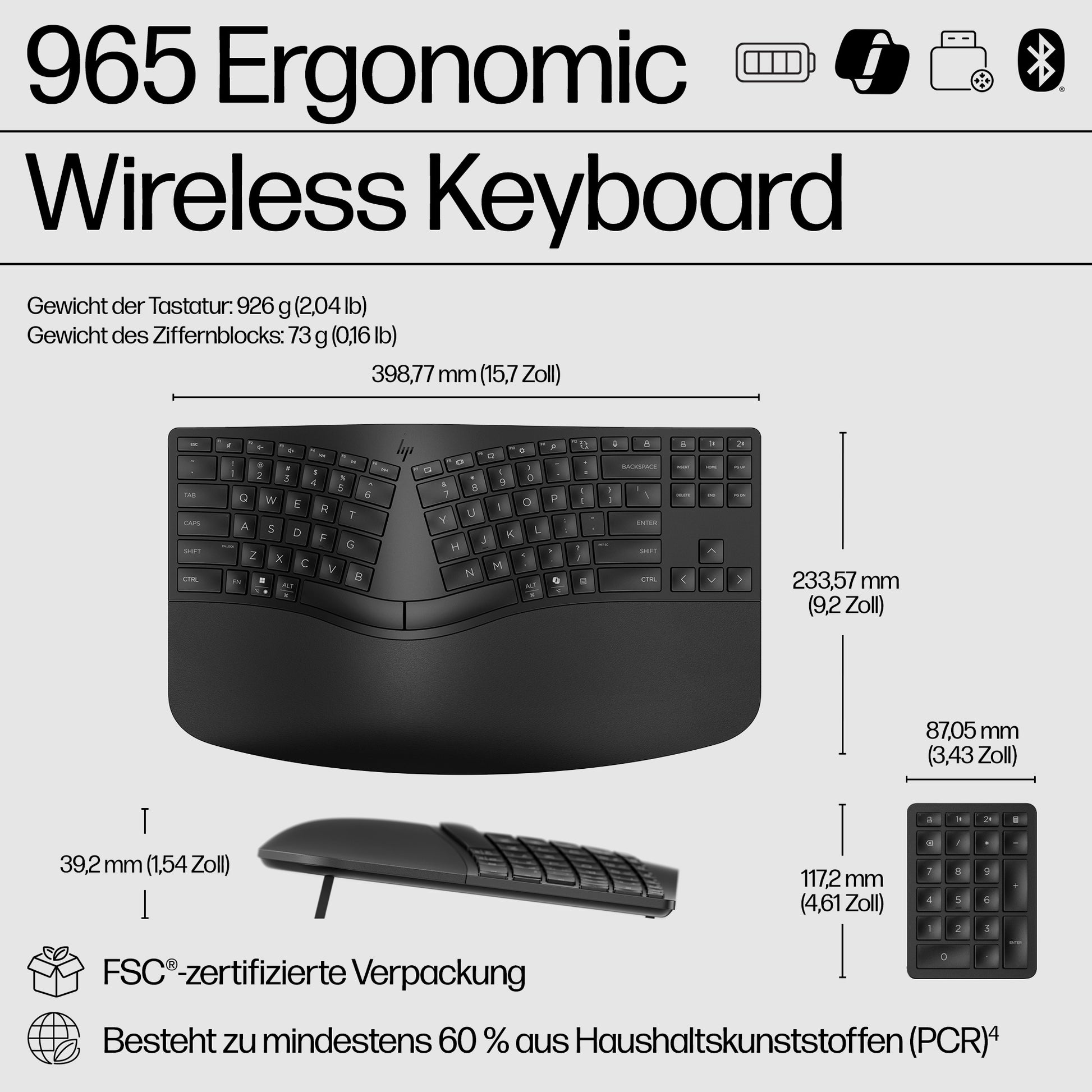 HP 965 BLK WL Ergo KBD UK – Tastatur, QWERTY (UK), Vollgrösse (100%), Membran, 2,4 GHz + Bluetooth, Schwarz