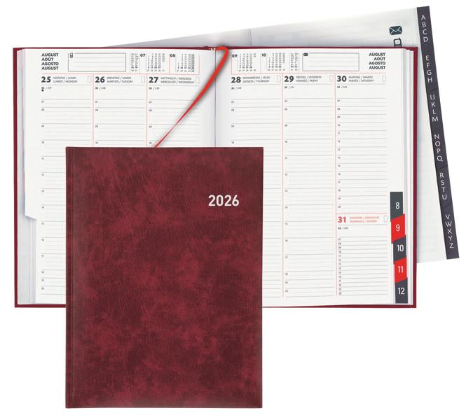 Biella Orario Geschäftsagenda – 1 Woche/2 Seiten, gebunden, 17,5 × 23,5 cm, 2026, Weinrot, FSC