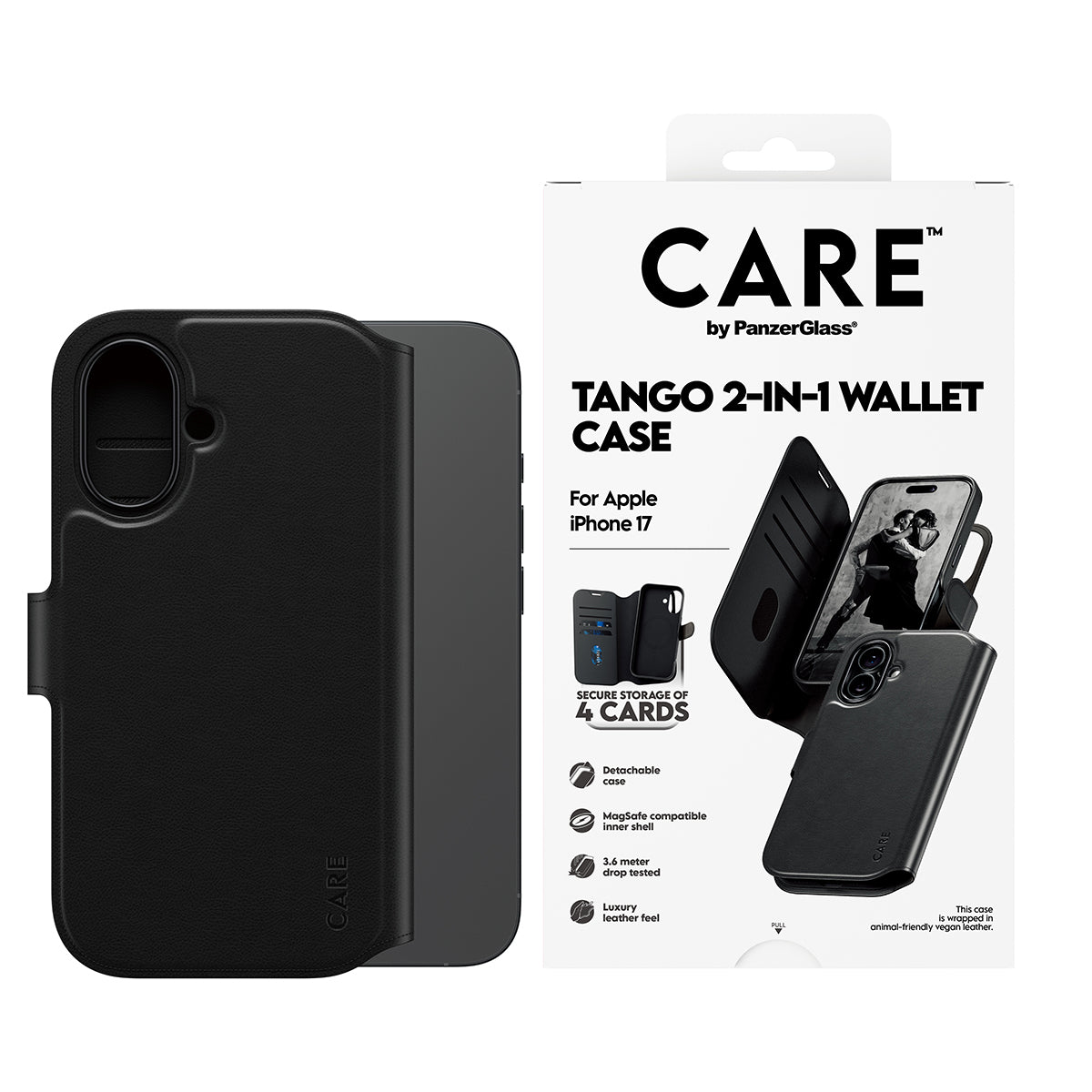 PanzerGlass Booklet-Hülle – für Apple iPhone 17 – schwarz – Kunstleder – MagSafe-kompatibel, mit Kartenfach