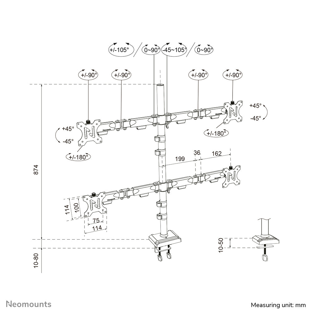 Neomounts NERO – Monitorarm Tischhalterung – Klemme/Durchführung – 4 Monitore – 10–32" – bis 8 kg/Monitor