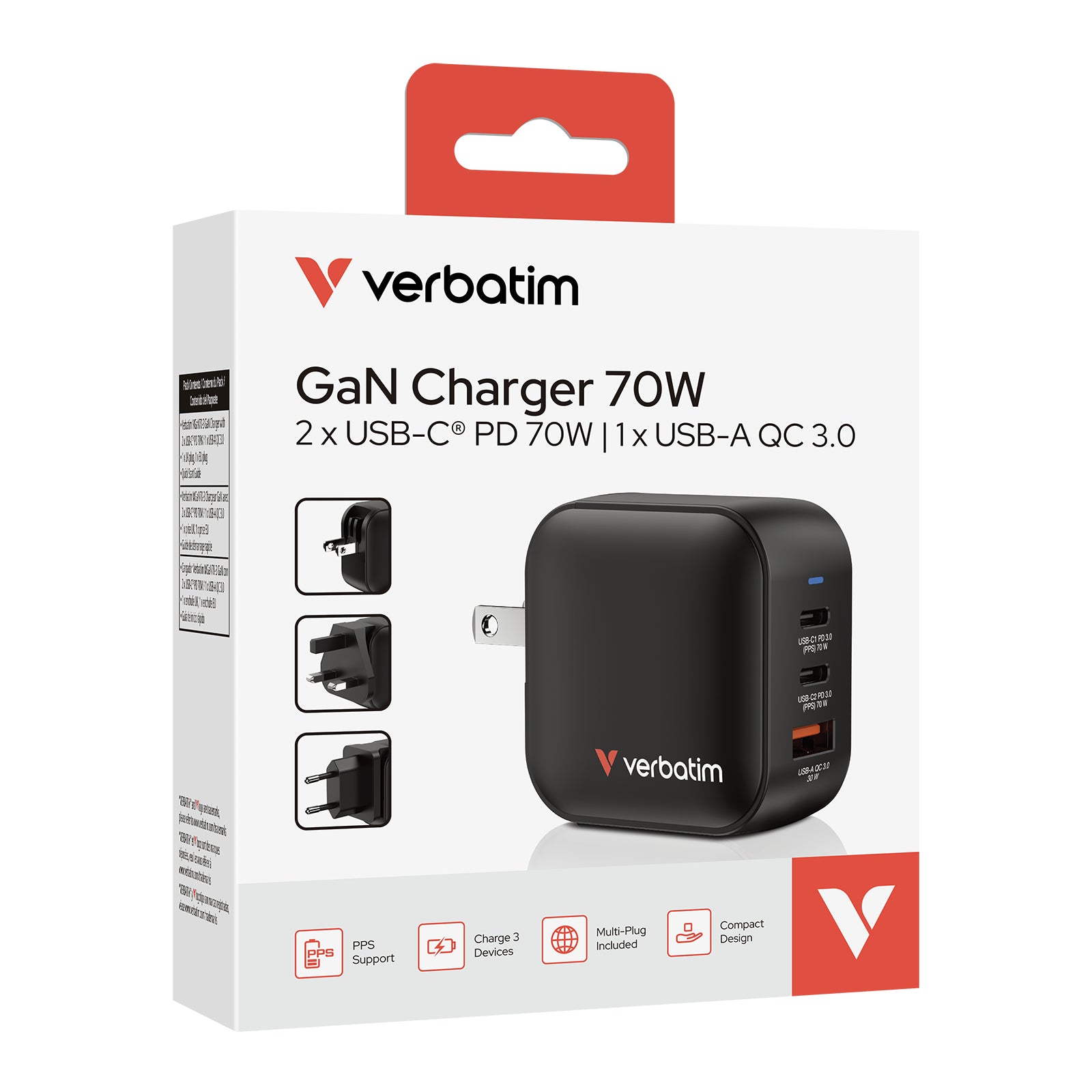Verbatim Mini GaN Ladegerät 70 W USB-Ladegerät – USB-C×2, USB-A×1 – PD, PPS, QC 3.0