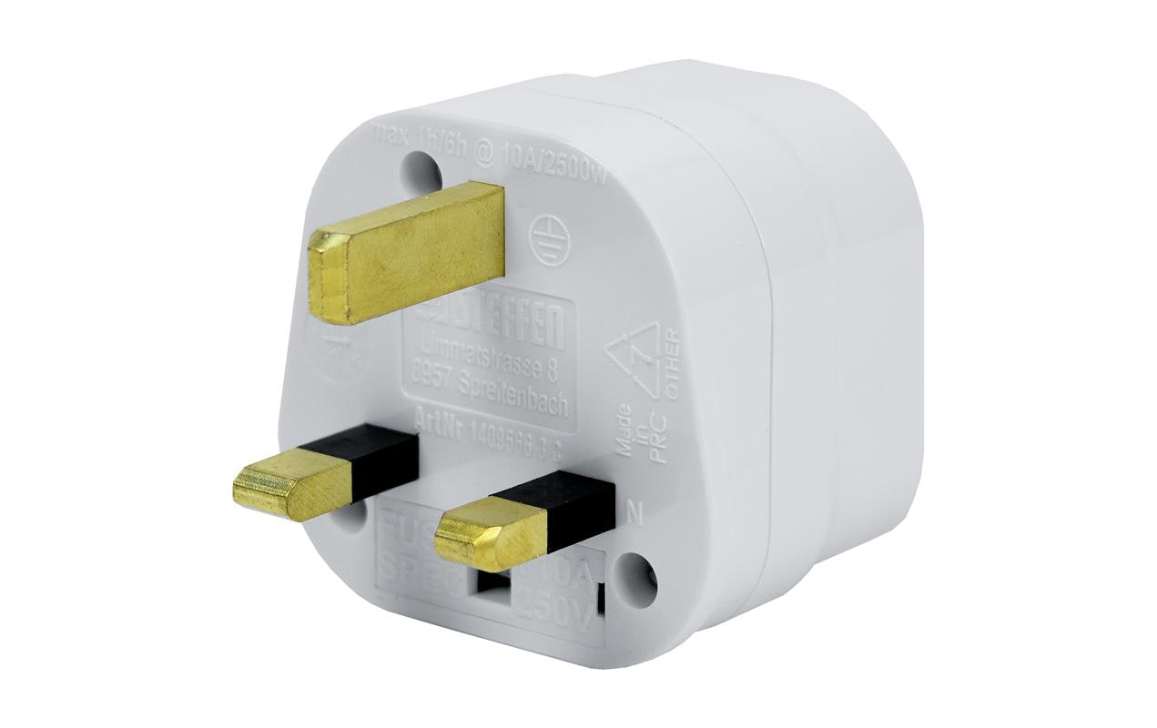 Steffen Reiseadapter – von Typ G (UK) zu Typ J (CH), 3-polig, geerdet, 2500 W, 10 A – weiss, Kunststoff