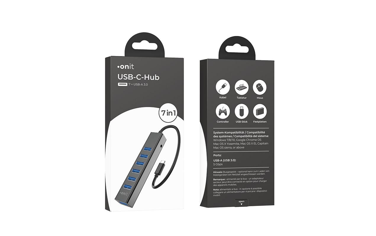 ONIT F01257 USB-Hub – USB-C, 7× USB-A, 15 W PD, für Windows/Mac/ChromeOS