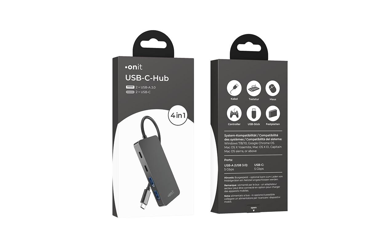 ONIT F01259 USB-Hub – USB-C, 2× USB-A, 2× USB-C, 15 W PD, für Windows/Mac/ChromeOS