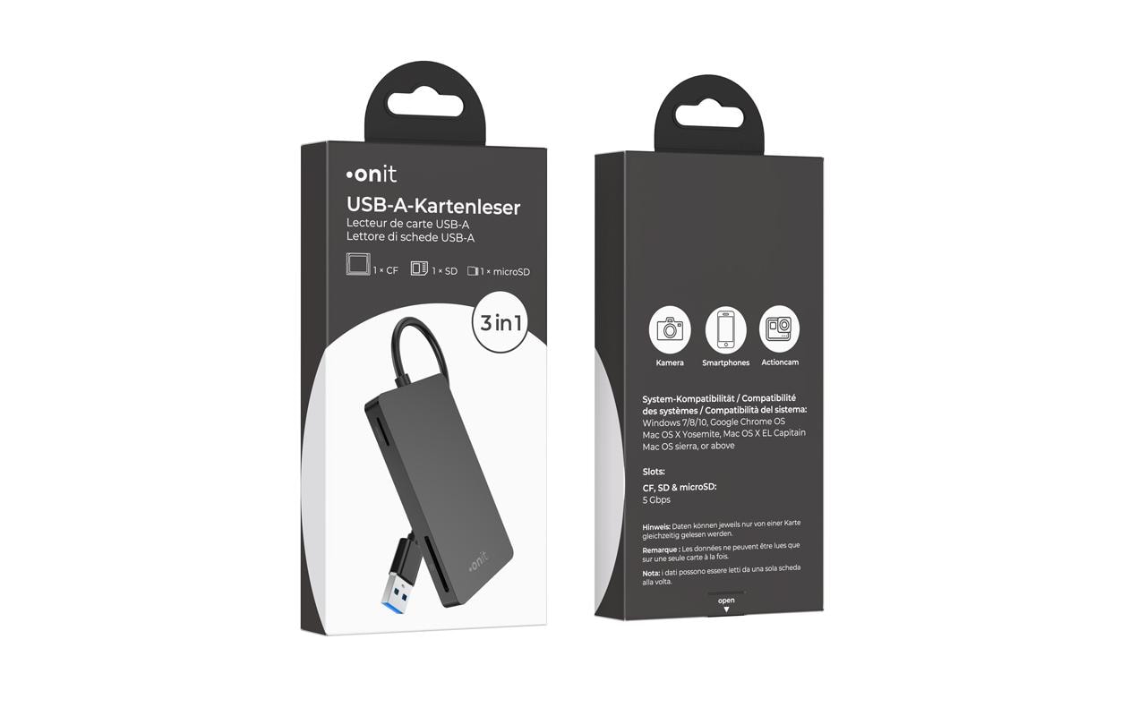 ONIT USB-Kartenleser USB-A – CF, microSD, SD – USB 3.2 Gen 1 (5 Gbit/s) – Schwarz