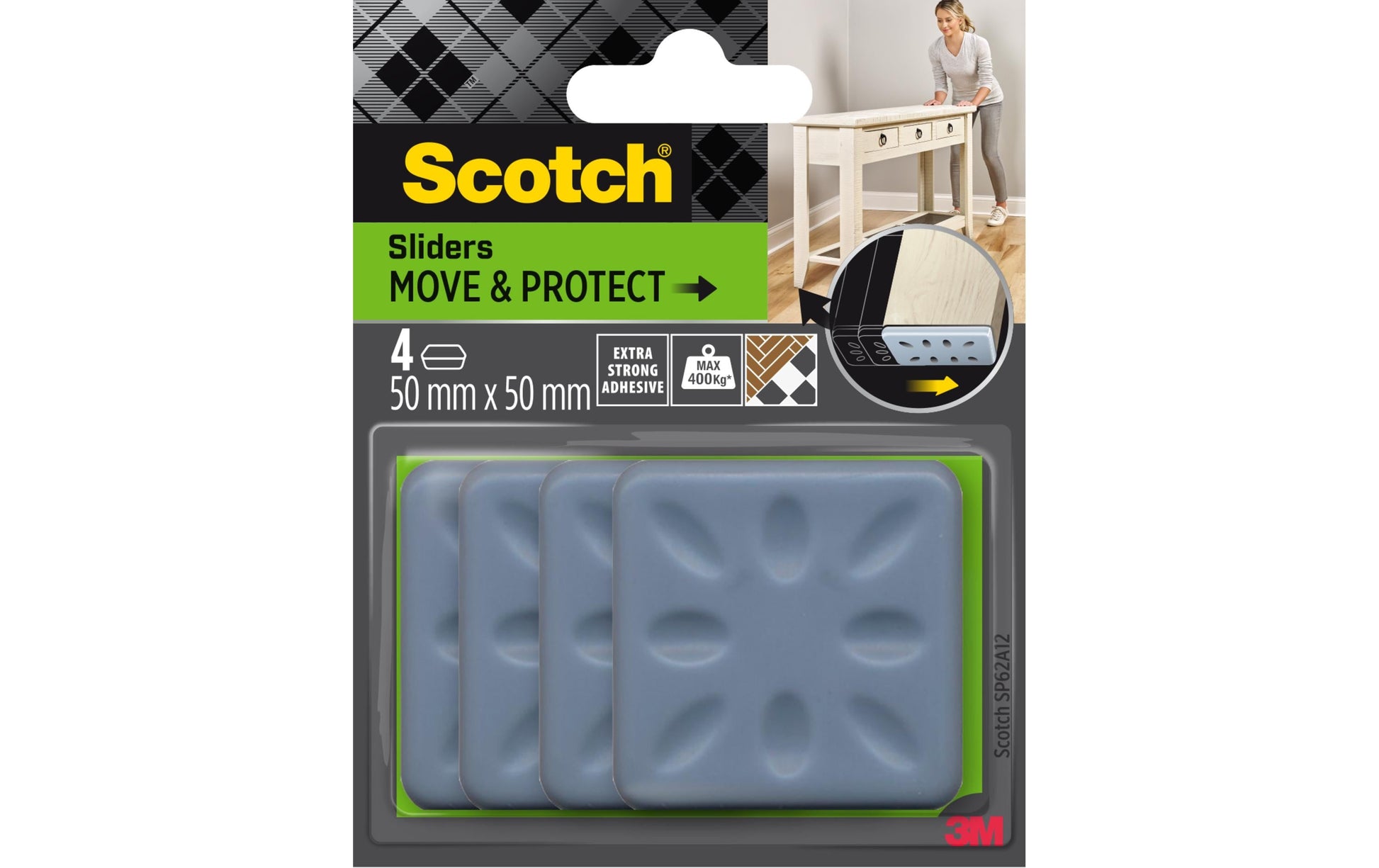 3M Möbelgleiter quadratisch 50 × 50 mm – grau – 4 Stück – extra starke Klebehaftung