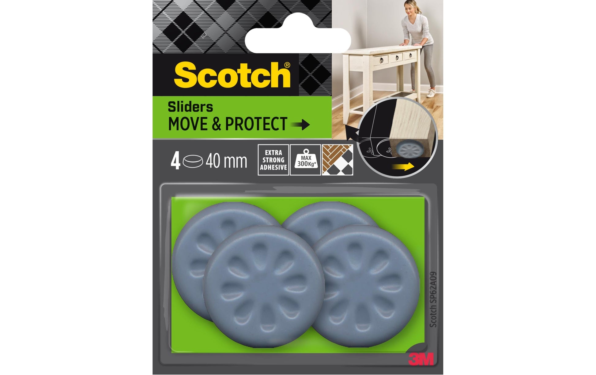 3M SP62A09 Möbelgleiter Ø 40 mm – grau – 4 Stück – extra starke Klebehaftung (bis 300 kg)