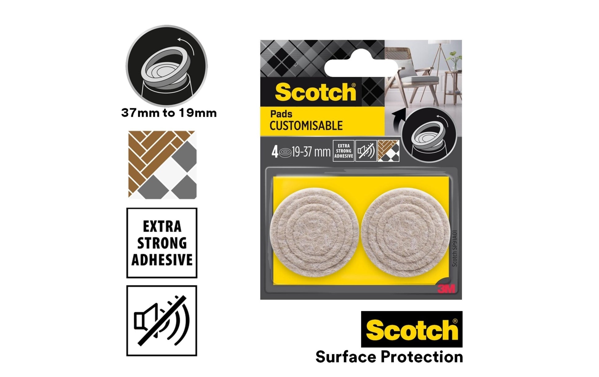 3M Stuhlgleiter – Ø 19 mm, selbstklebend, braun, Filz