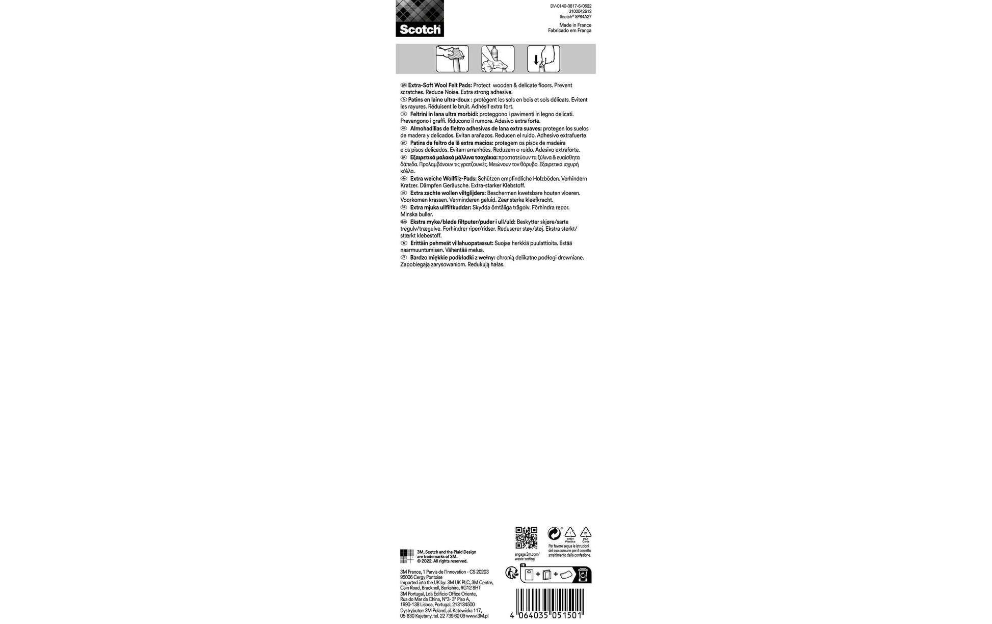 3M SP84A27 Möbelgleiter – Filz – Grau – 250 × 80 mm – Selbstklebend, Extra Haftend