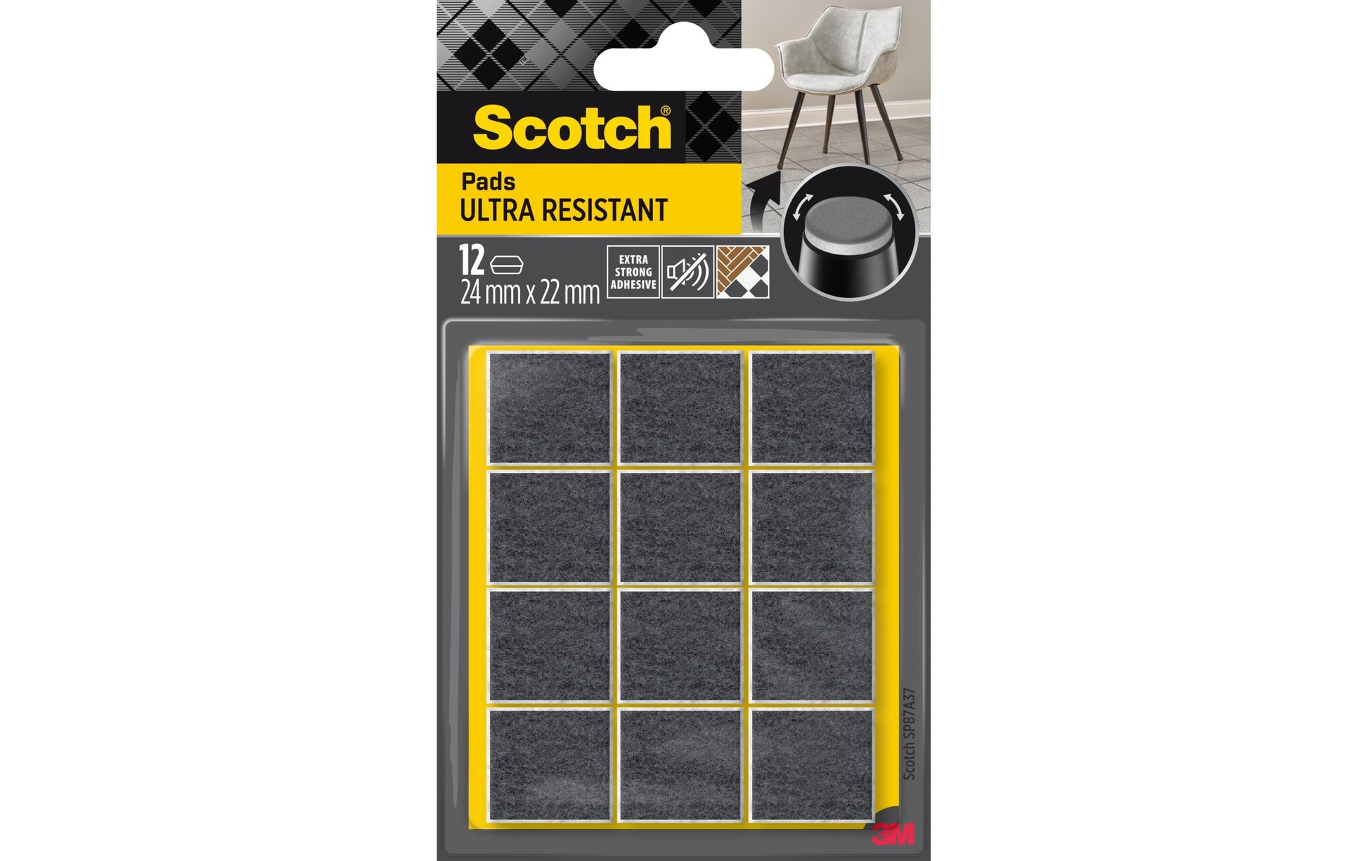 3M Filzgleiter rechteckig 24 × 22 mm, grau, selbstklebend, extra stark, 12 Stk.