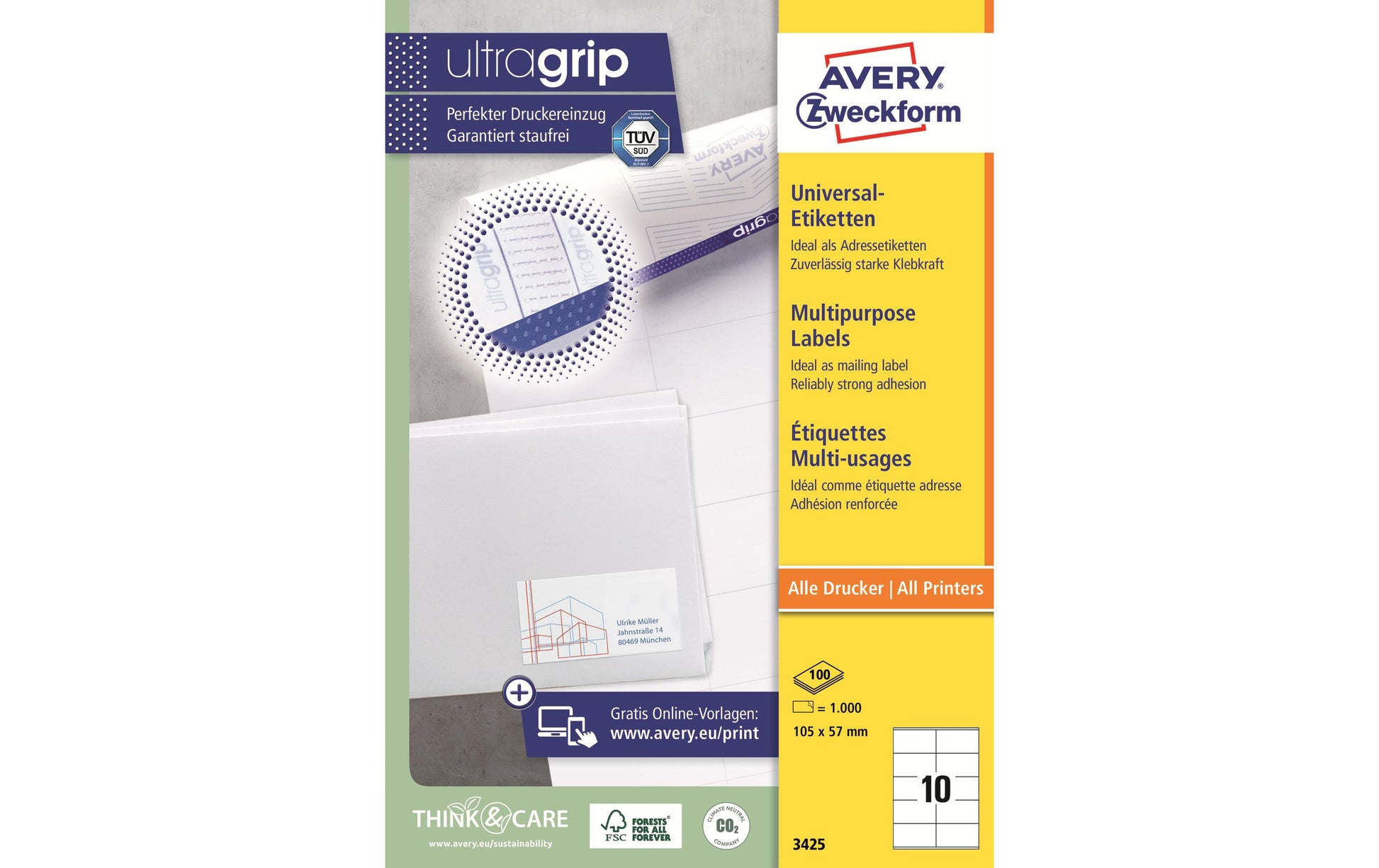 Avery Etiketten auf A4-Bögen, 105 mm × 57 mm, Weiss, Papier, Permanent, 1000 Etiketten (100 Blätter)