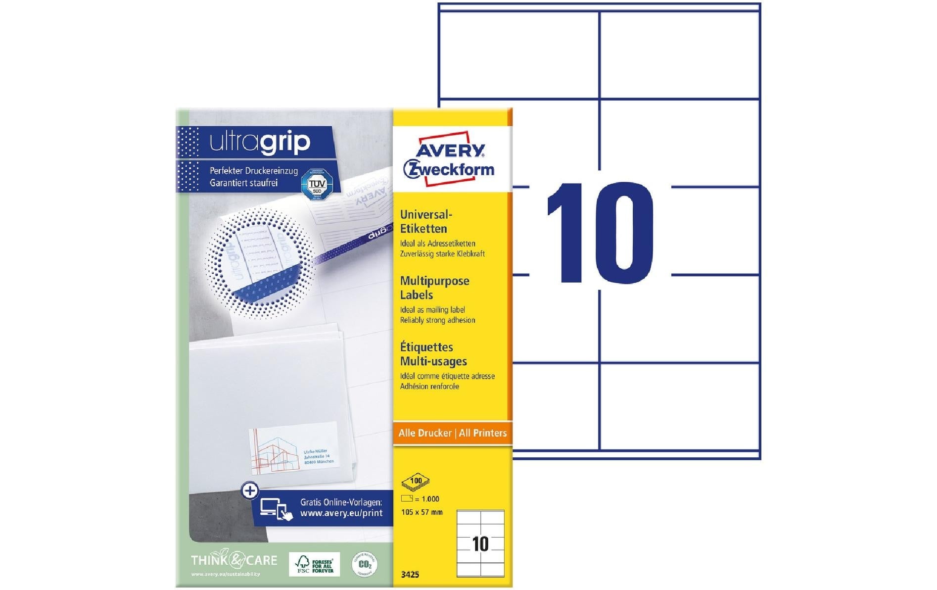 Avery Etiketten auf A4-Bögen, 105 mm × 57 mm, Weiss, Papier, Permanent, 1000 Etiketten (100 Blätter)