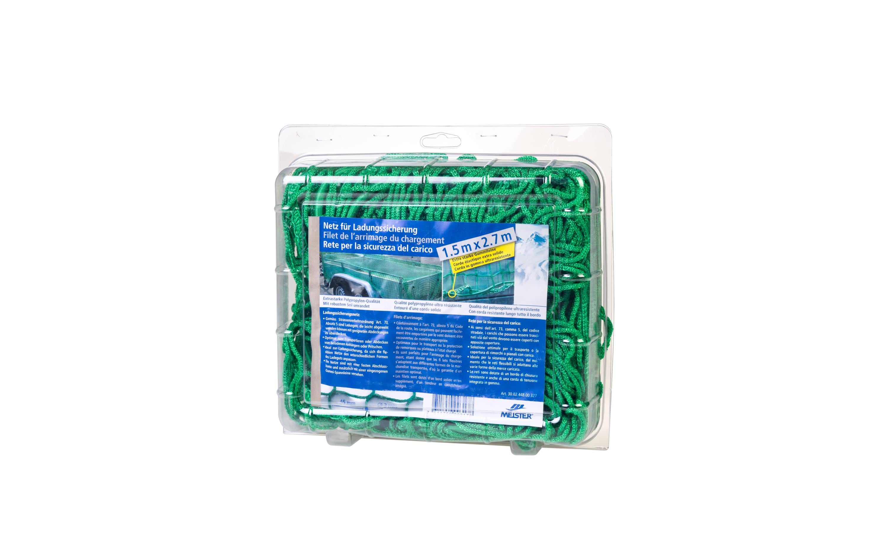 Meister Anhängernetz 1,5 × 2,7 m, Polypropylen, Grün, Ø 3 mm, Knotenloses Maschenmass 45 mm, mit Elastikseil