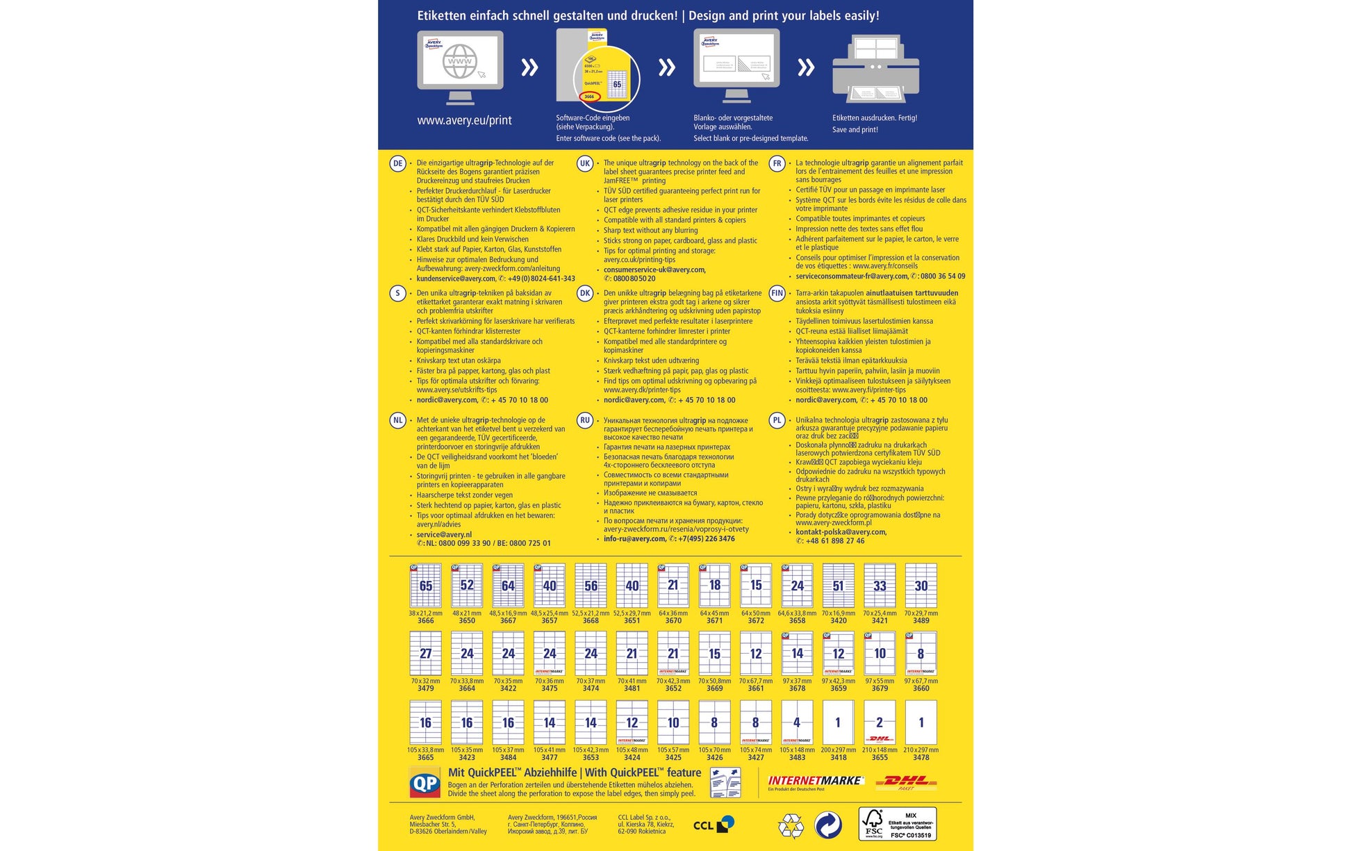 Avery Druckeretiketten, 70 mm × 32 mm, weiss, Papier, permanent, 2700 Etiketten (100 Blatt)