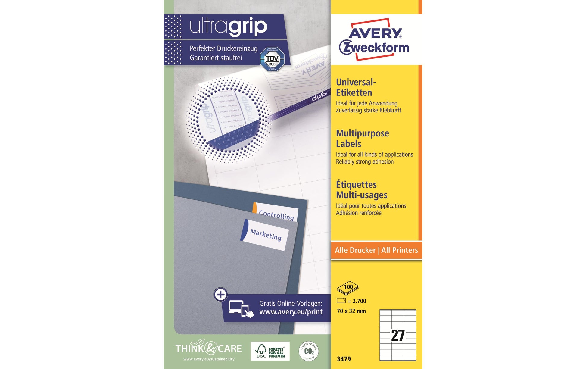 Avery Druckeretiketten, 70 mm × 32 mm, weiss, Papier, permanent, 2700 Etiketten (100 Blatt)