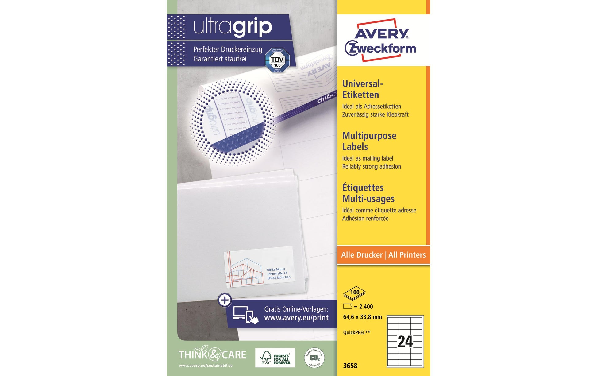Avery Druckeretiketten, 65 mm × 34 mm, weiss, Papier, permanent, Packung 100 Blatt (2400 Etiketten)