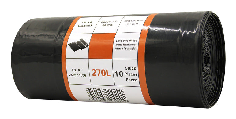 Weita Kehrichtsack Venardo – 270 l, mit Zugband, PE, schwarz, 550 × 650 mm, 10 Stk