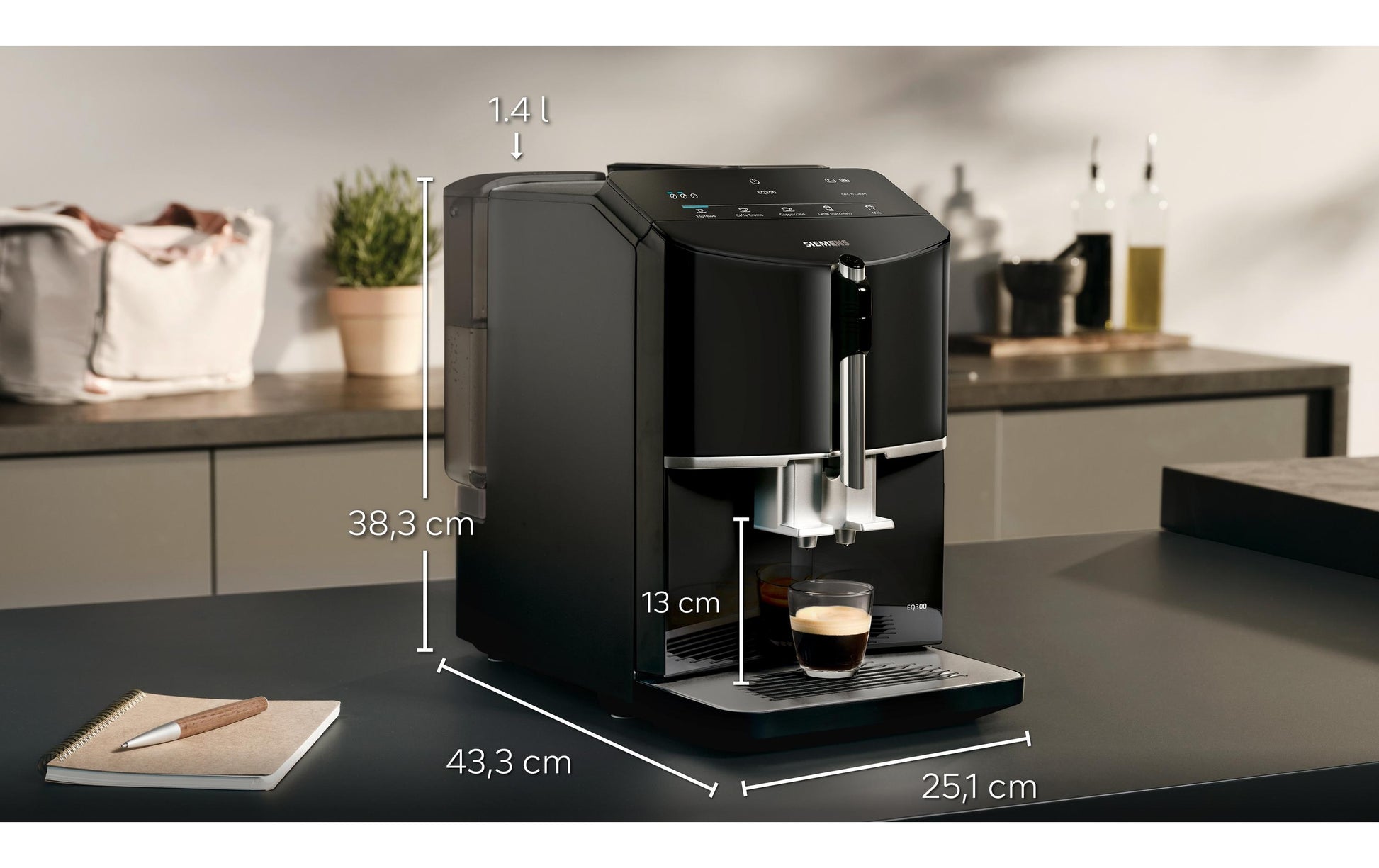 Siemens EQ300 TF301E19 Kaffeevollautomat – 15 bar, 1,4 l, 250 g, Keramik-Mahlwerk, Schwarz