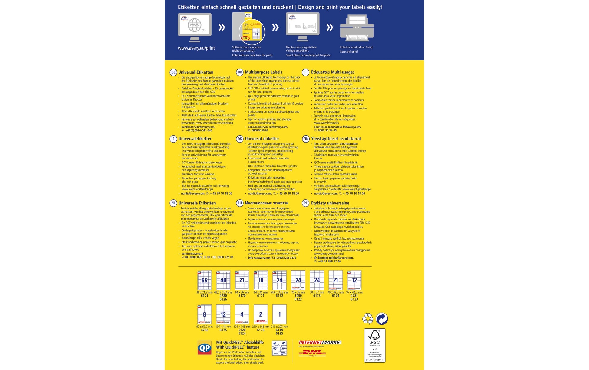 Avery Druckeretiketten, 97 mm × 42,3 mm, weiss, Papier, permanent, 360 Etiketten (30 Blatt)