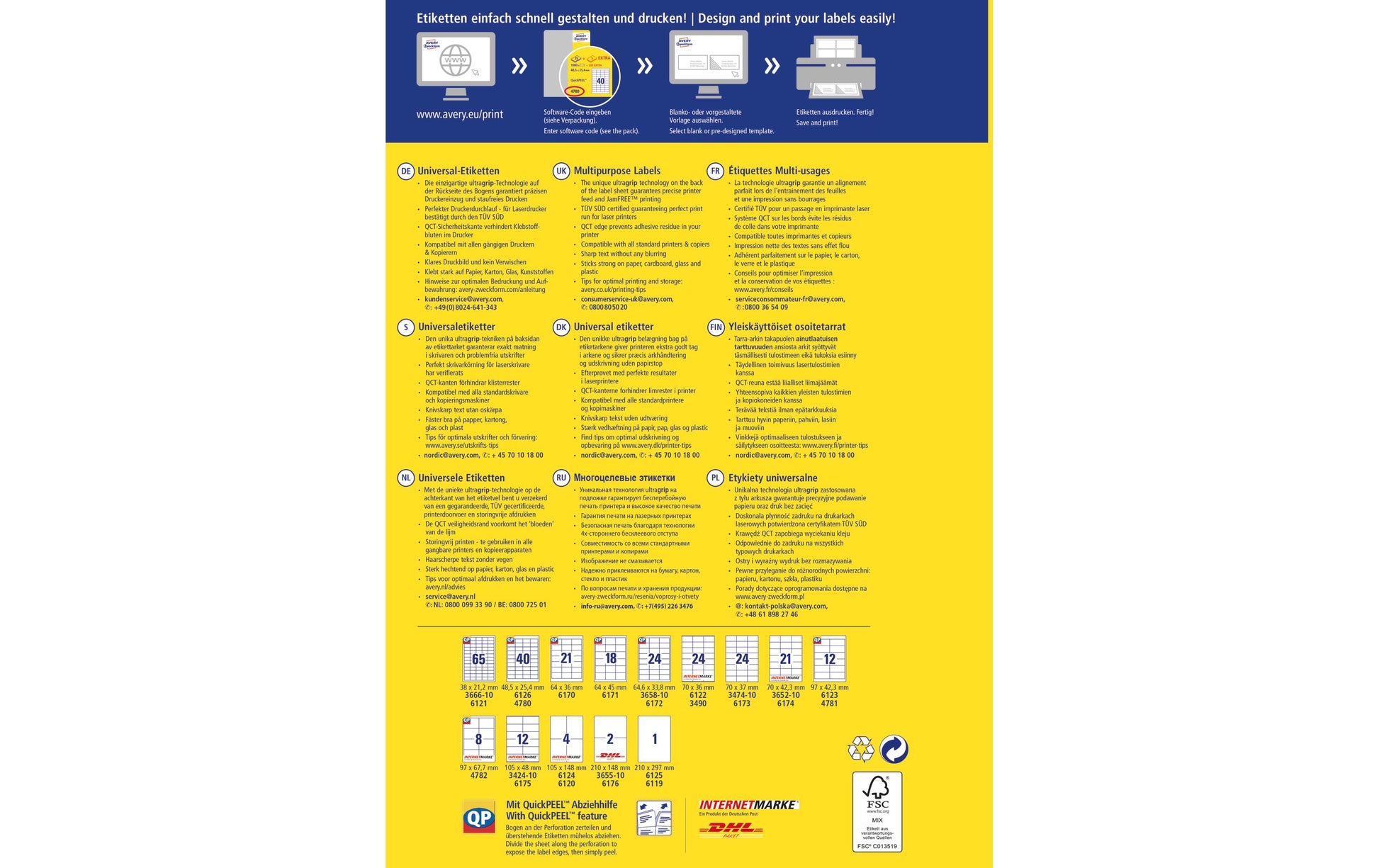 Avery Universal Ultragrip Bogenetiketten, 49 mm × 25 mm, Weiss, Papier, Permanent, 30 Blätter (1'200 Etiketten)