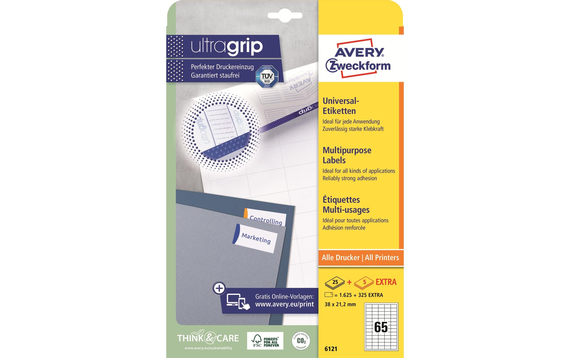 Avery 6121 – Etiketten A4 38 × 21,2 mm – Papier, weiss – permanent haftend – 65 pro Blatt, 30 Blätter (1'950 Stk.)
